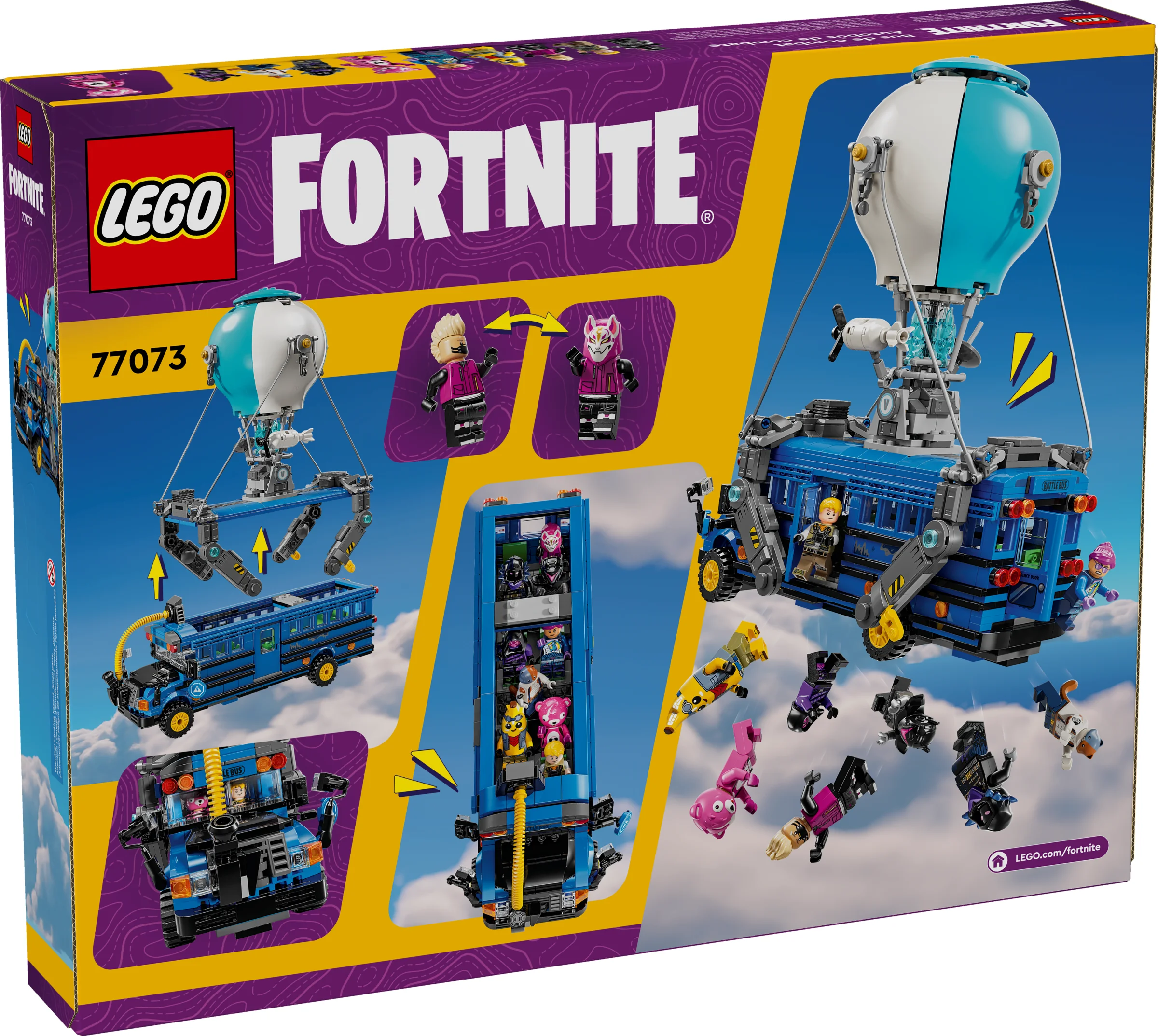 Cutia setului LEGO 77073 Fortnite Battle Bus. Detalii cu minifigurine și funcții.