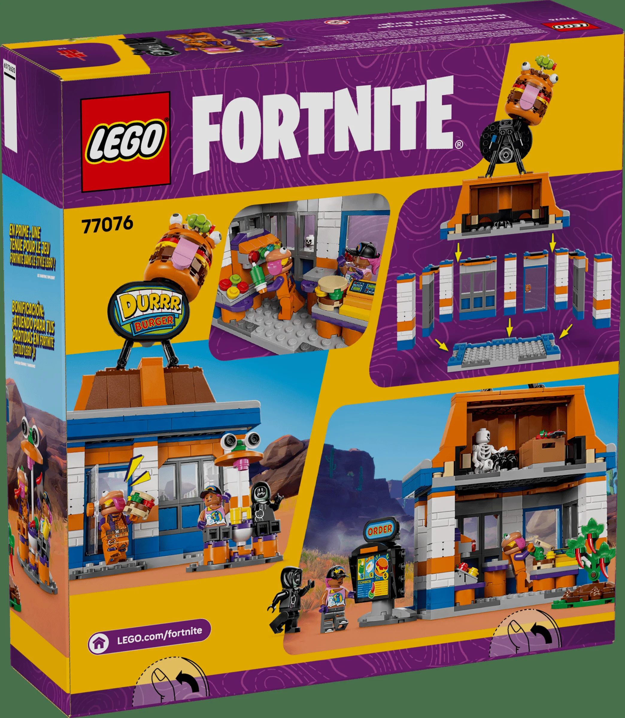 Imagine a cutiei LEGO Fortnite 77076 Durrr Burger, cu modelul și minifigurinele. Design viu, specific jocului.