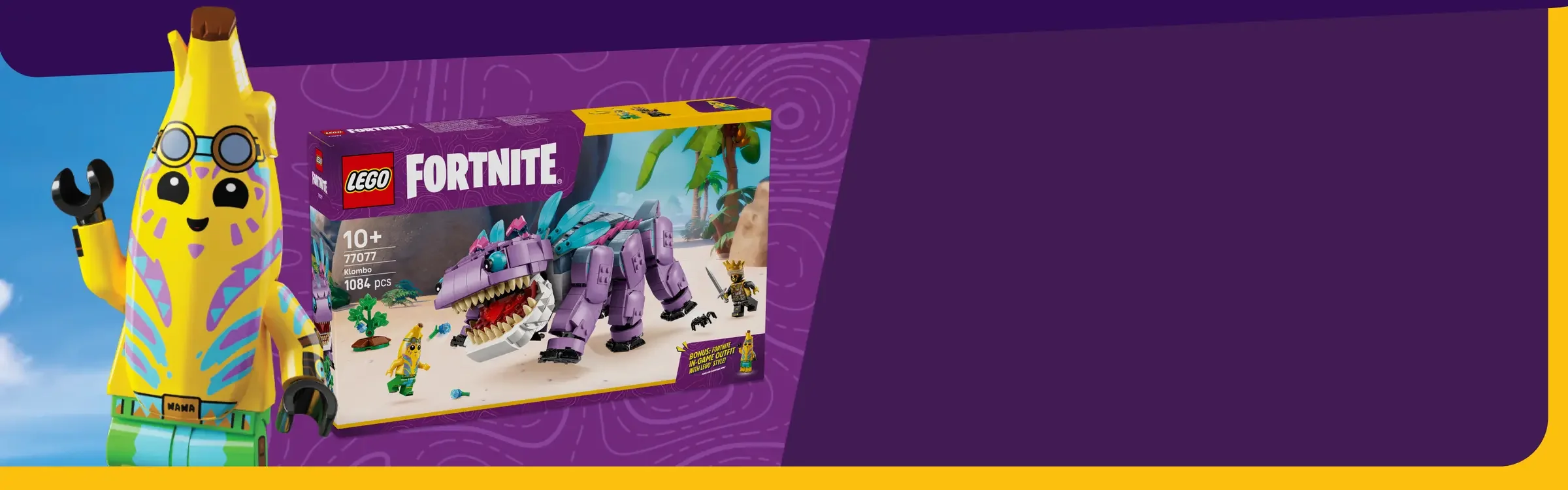 Imagine cu cutia LEGO Fortnite 77077 Klombo și minifigurina Banana Peely.