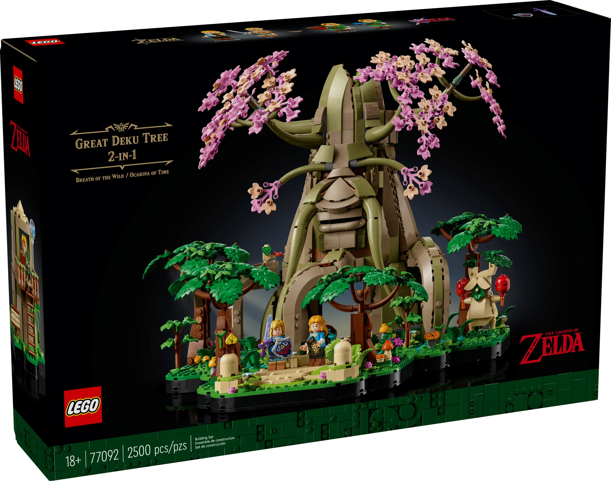 Cutia LEGO 77092, Arborele Deku cel Mare 2-în-1. Imagine cu modelul finalizat și logo-uri.