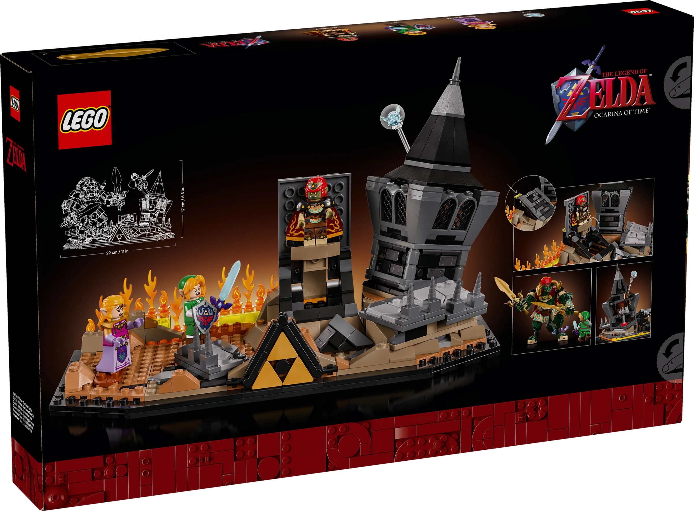 Cutia LEGO prezintă modelul cu Link, Zelda și Ganondorf în bătălia finală. Imagine vibrantă și plină de detalii.