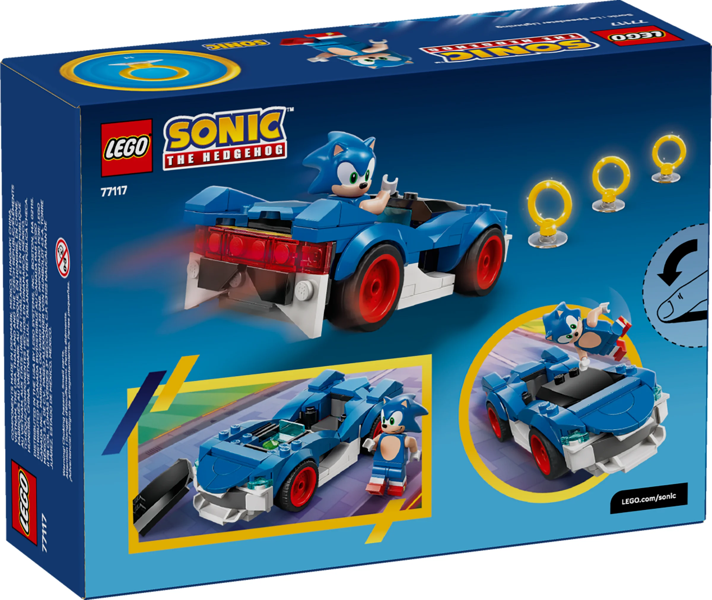 Cutia setului LEGO 77117 Sonic: Speedster Lightning, cu modelul și minifigurina Sonic.