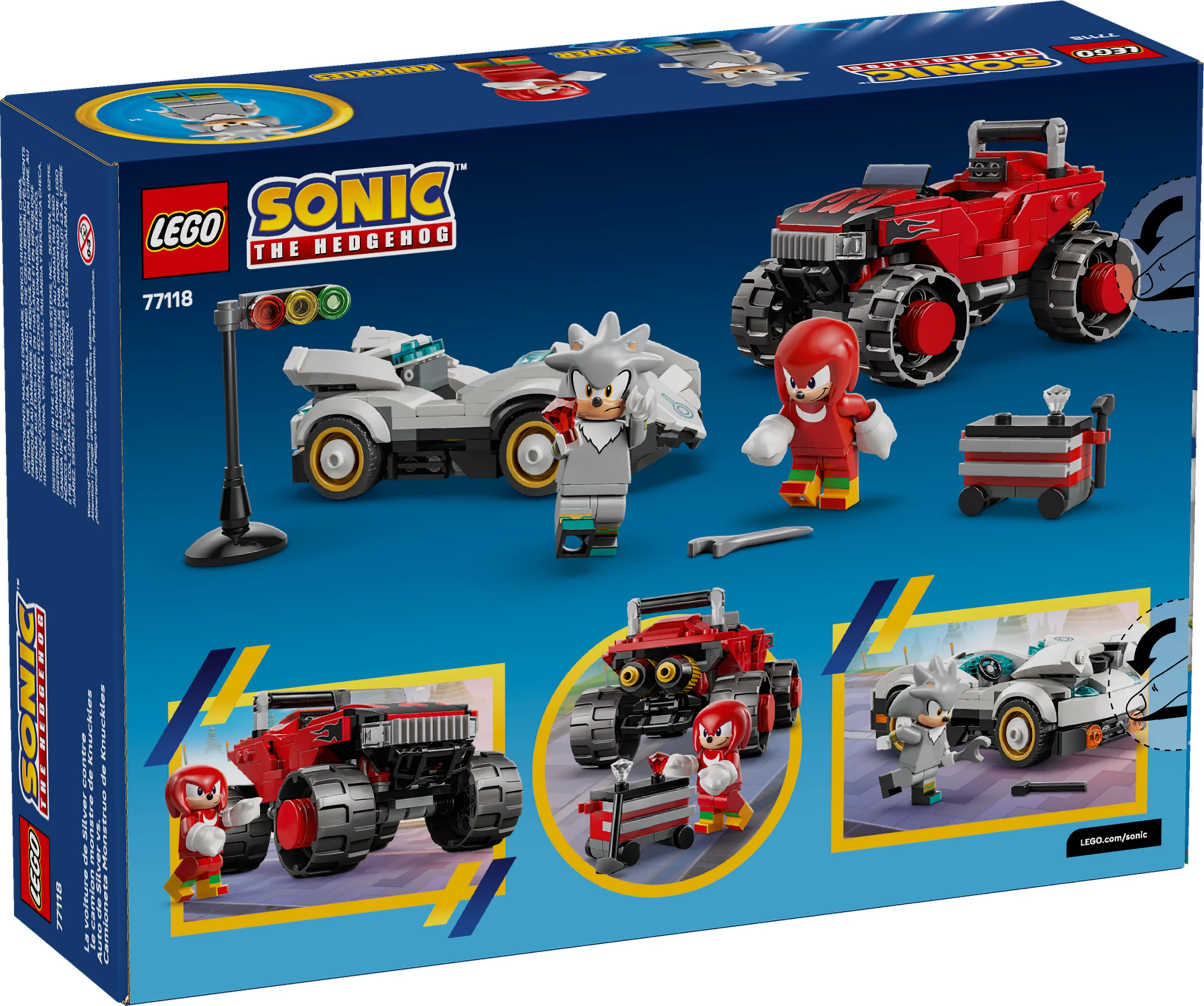 Cutia setului LEGO Sonic 77118, cu Silver, mașina și camionul lui Knuckles.