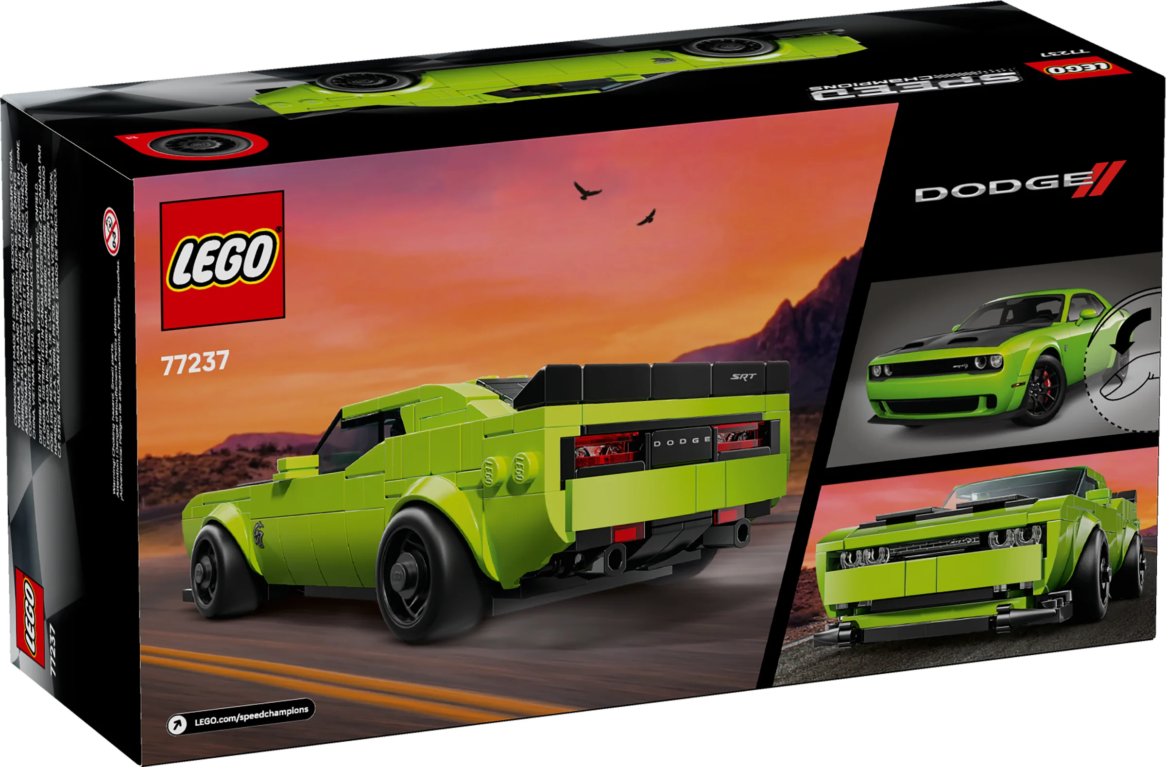 Cutia LEGO 77237 prezintă Dodge Challenger SRT Hellcat verde lime. Detalii față și spate.