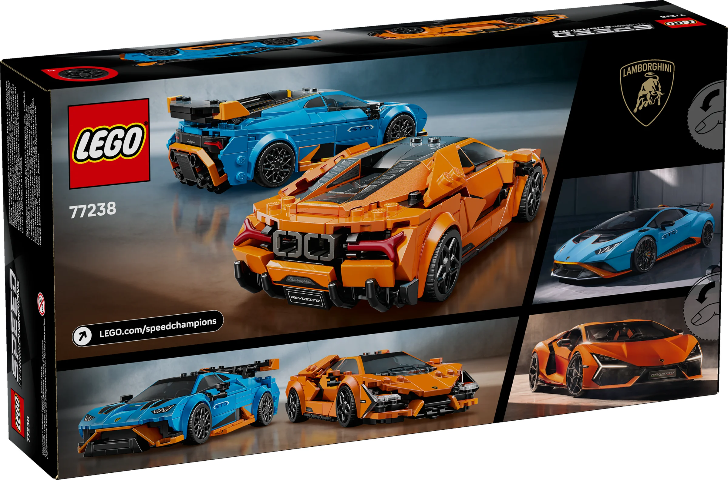 Cutia LEGO 77238 prezintă modelele Lamborghini Revuelto și Huracán STO, set Speed Champions.