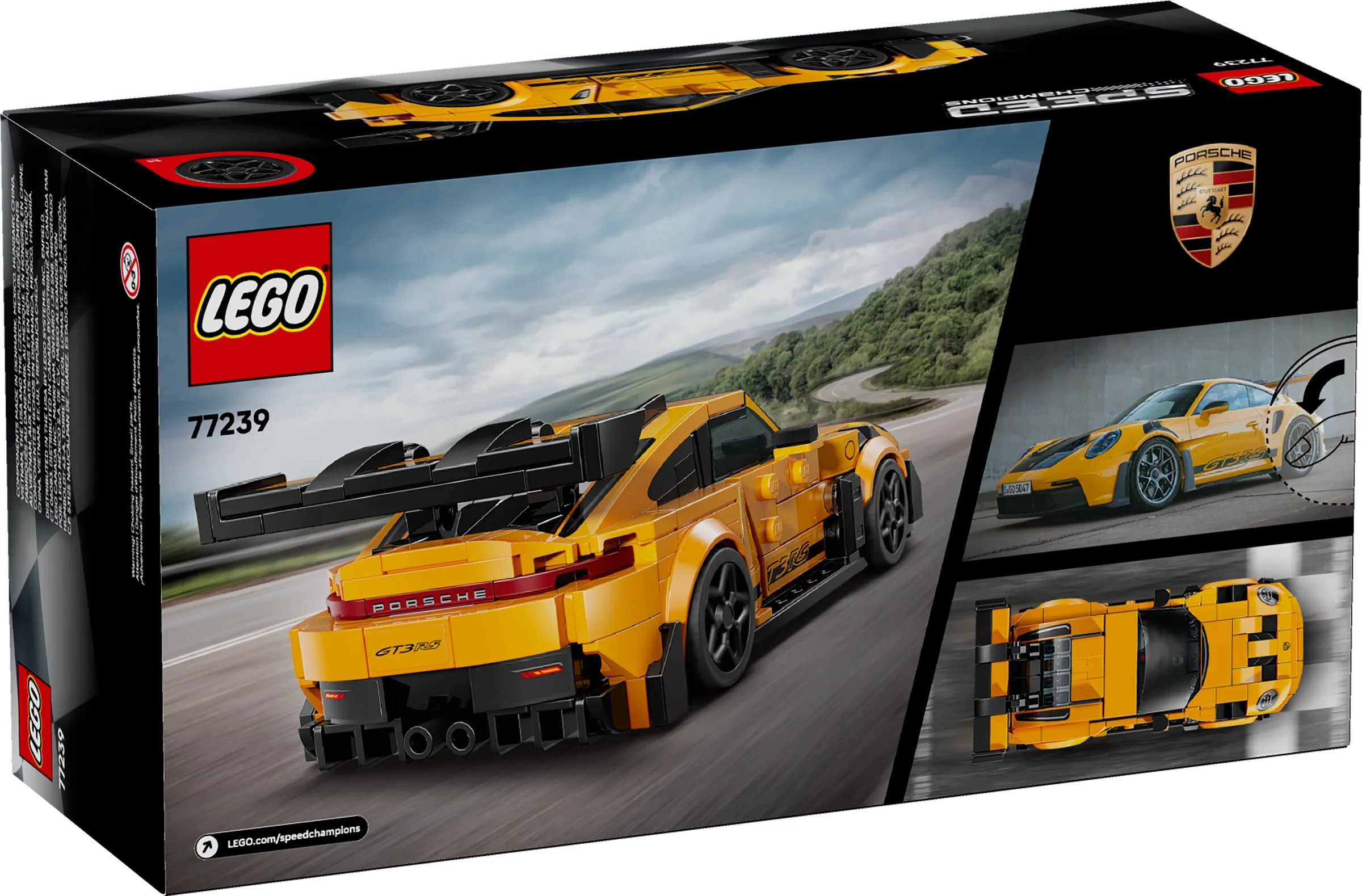 Cutia setului LEGO 77239 Porsche 911 GT3 RS, cu modelul galben pe fundal montan.