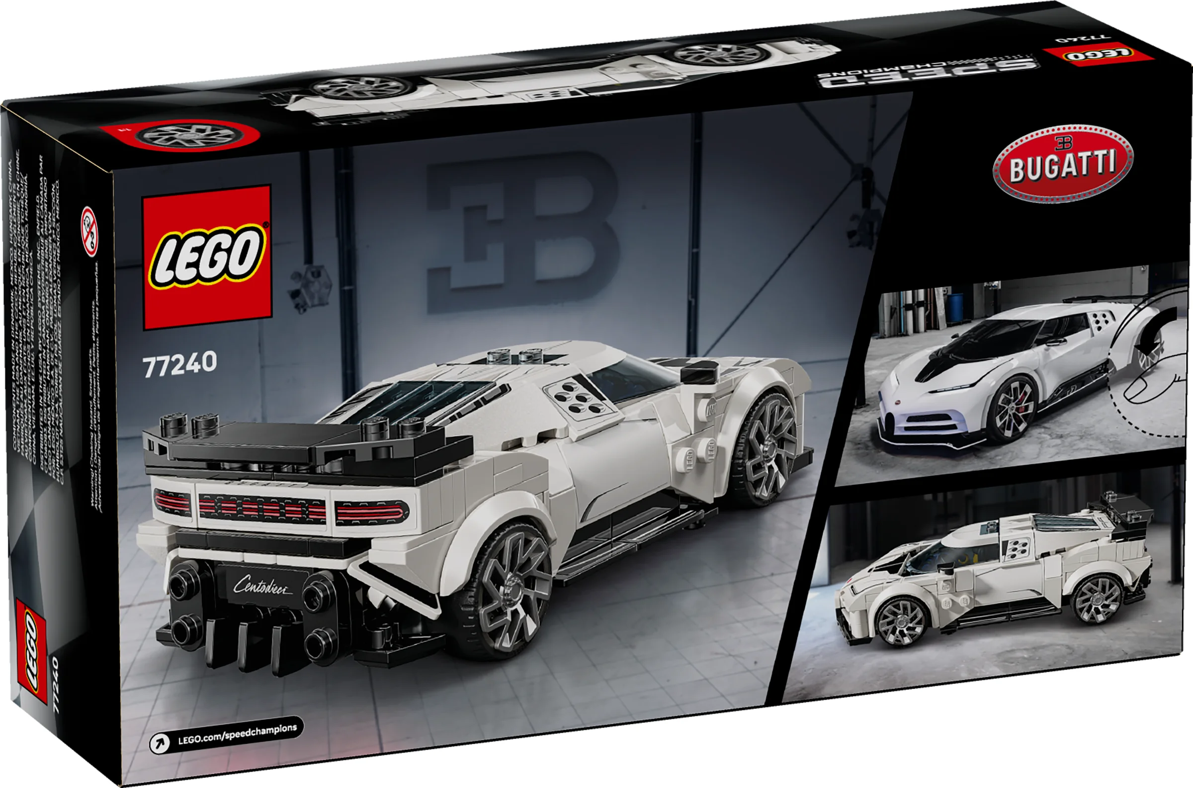 Cutia LEGO 77240 Bugatti Centodieci, cu modelul mașinii albe și logo-urile LEGO și Bugatti.