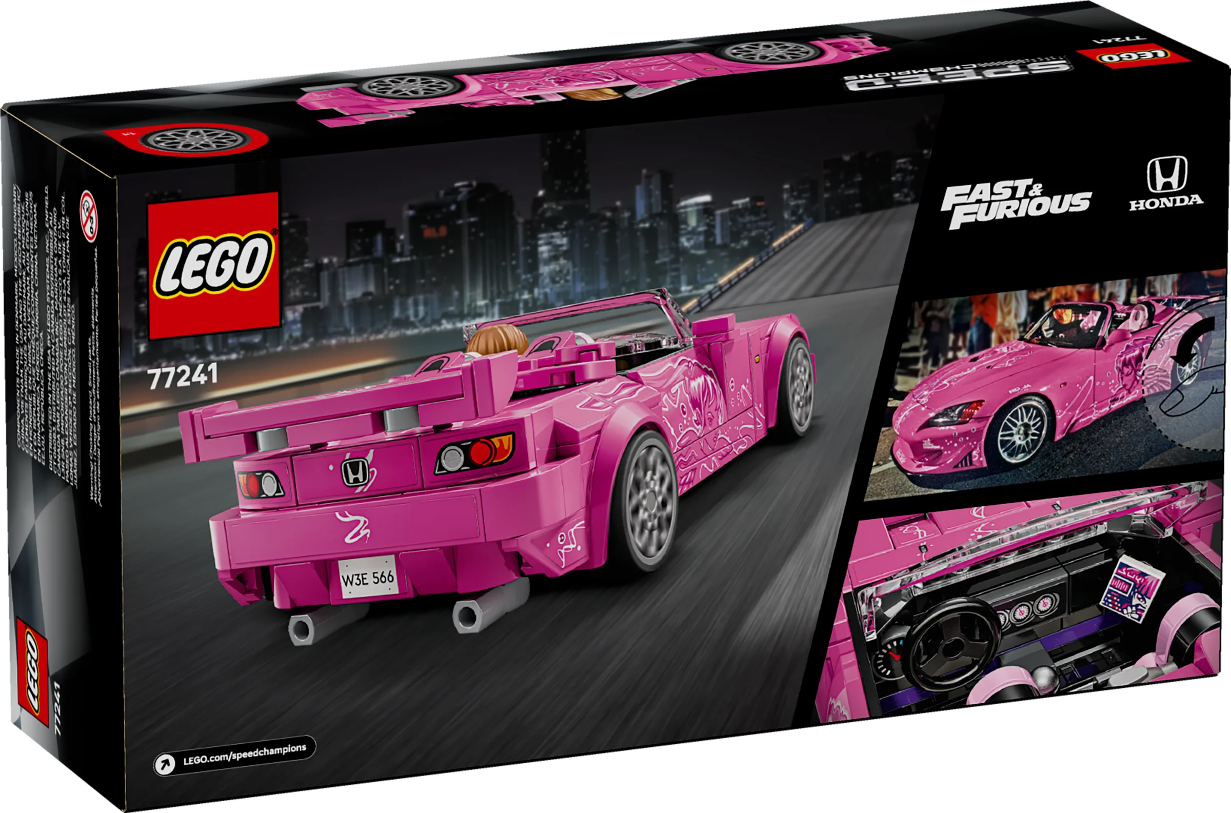 Cutia setului LEGO 77241, o Honda S2000 roz din 2 Fast 2 Furious. Imagine cu modelul din cărămizi.