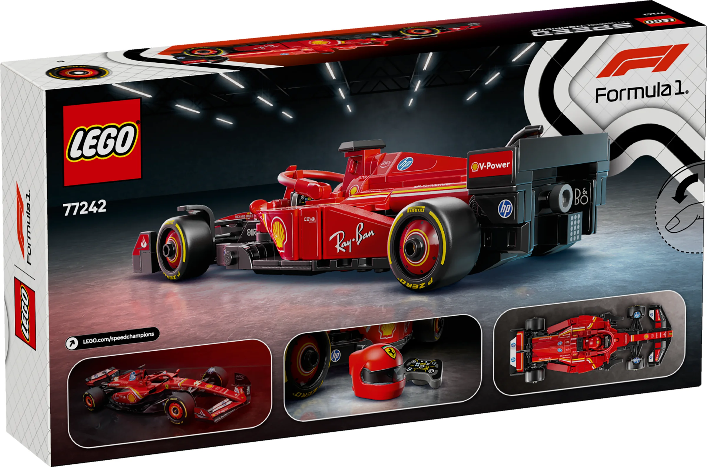 Cutia LEGO 77242 Ferrari SF-24, ce prezintă modelul roșu din cărămizi, sigle și detalii.