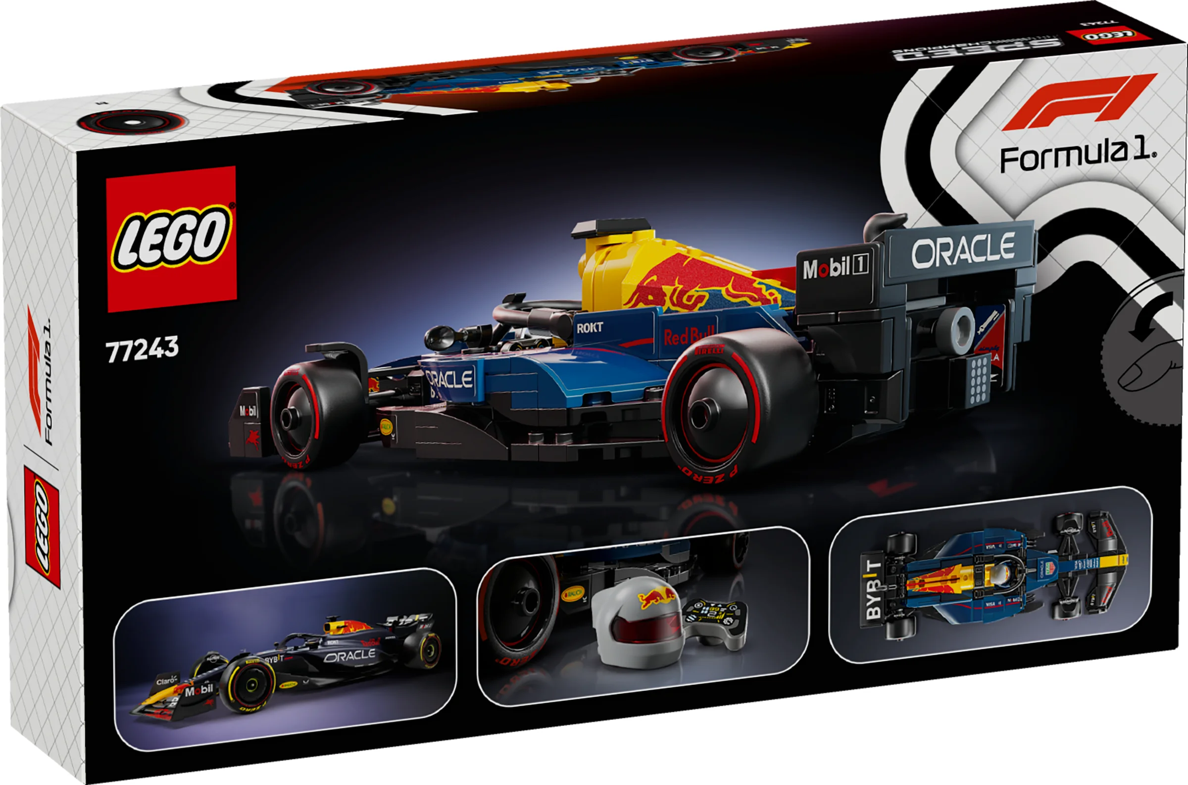 Cutia LEGO 77243 Oracle Red Bull Racing RB20. Imagine detaliată a modelului și accesoriilor incluse.