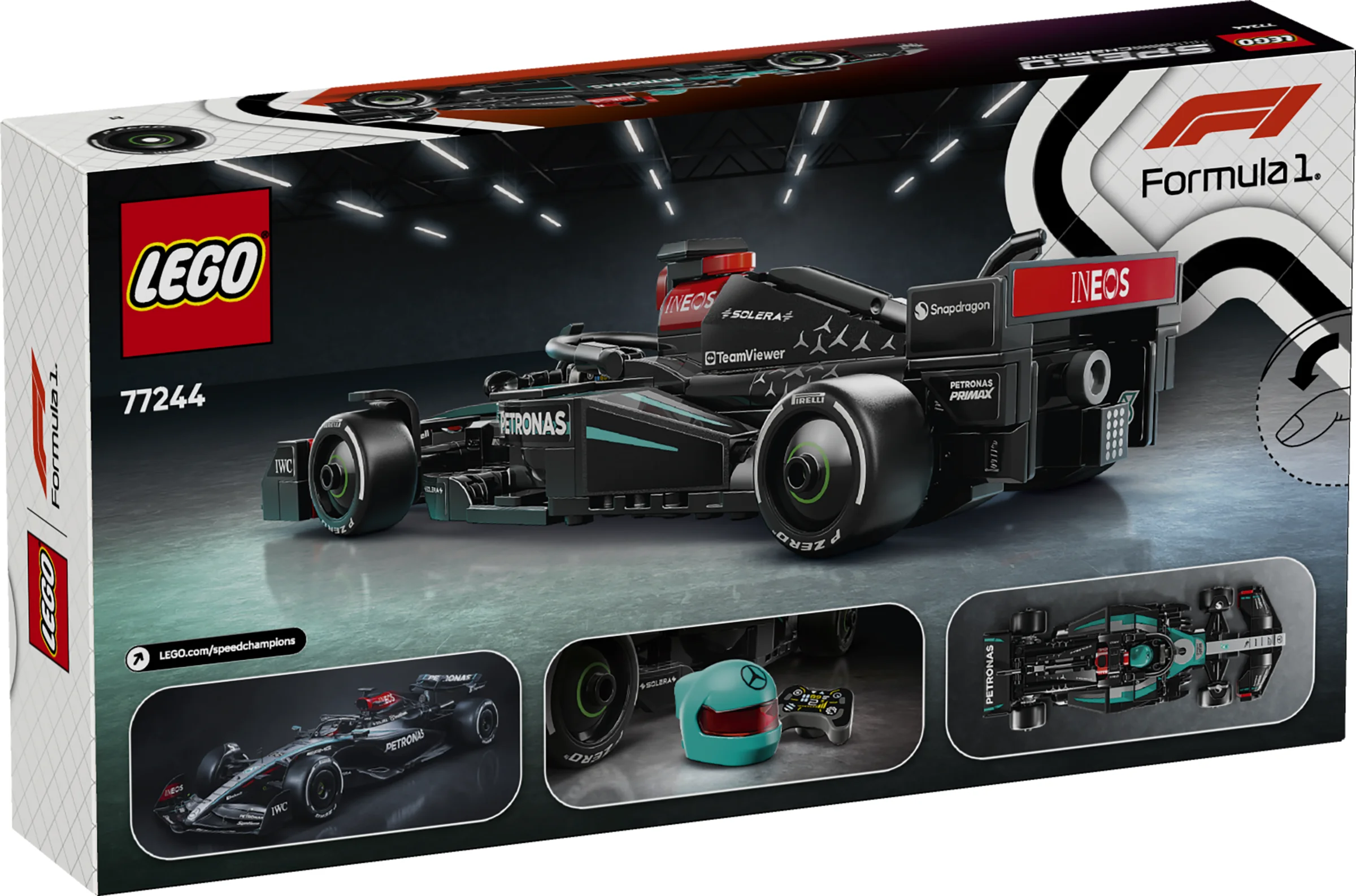Cutia setului LEGO 77244, cu modelul Mercedes-AMG PETRONAS F1 Team W15 E Performance.