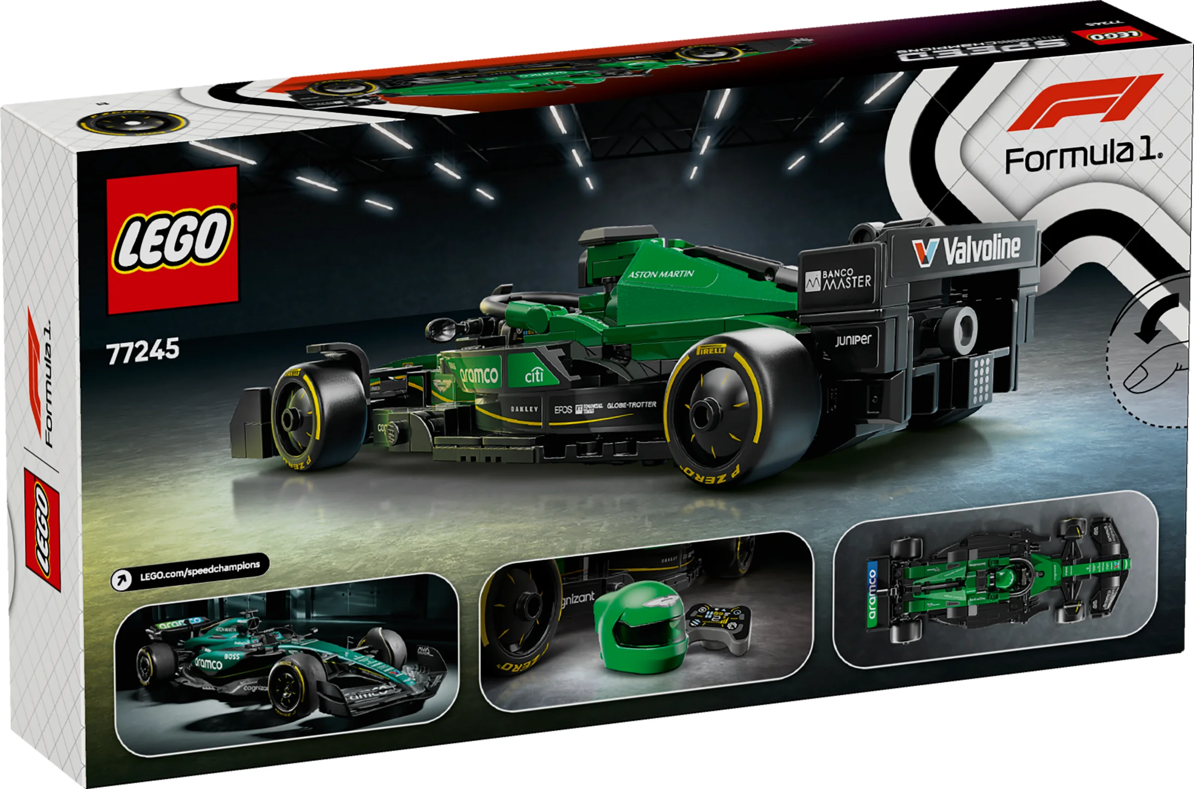 Cutia LEGO Aston Martin Aramco F1 AMR24. Modelul verde este detaliat.
