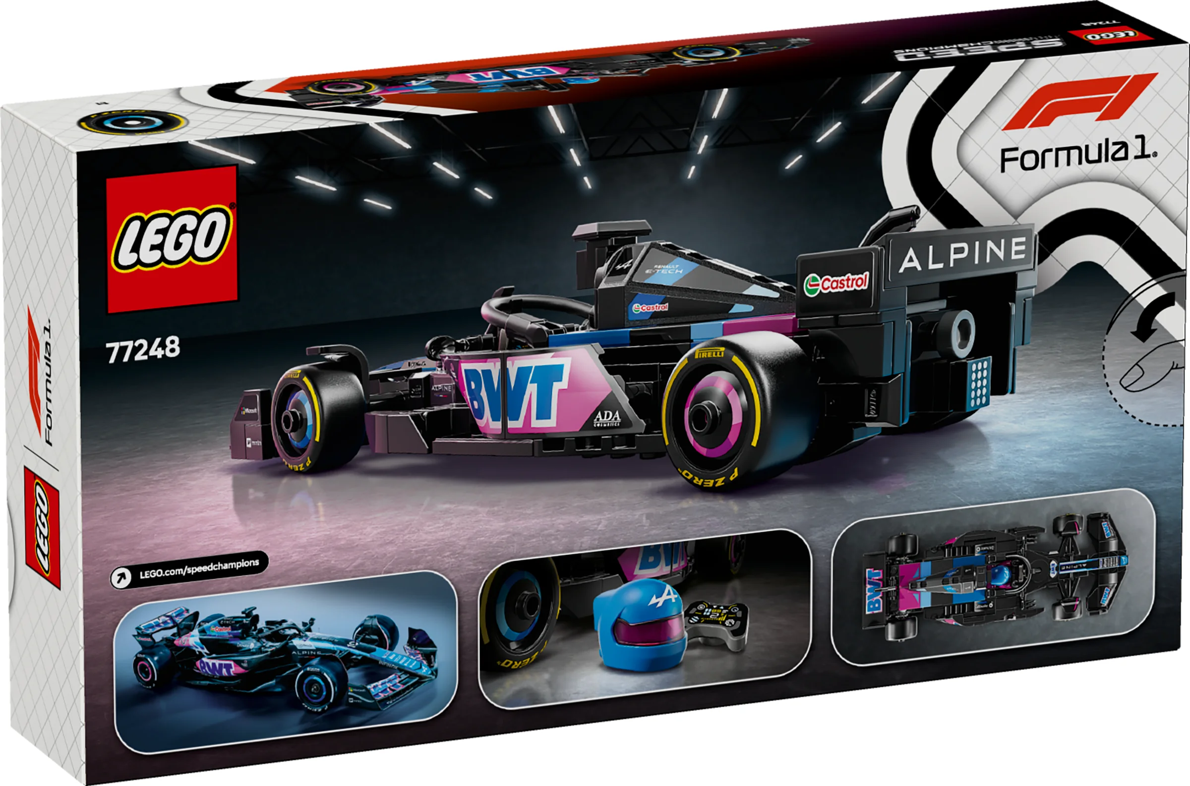 Imagine cu cutia setului LEGO 77248, BWT Alpine F1 Team A524, ce prezintă modelul construit și accesorii.