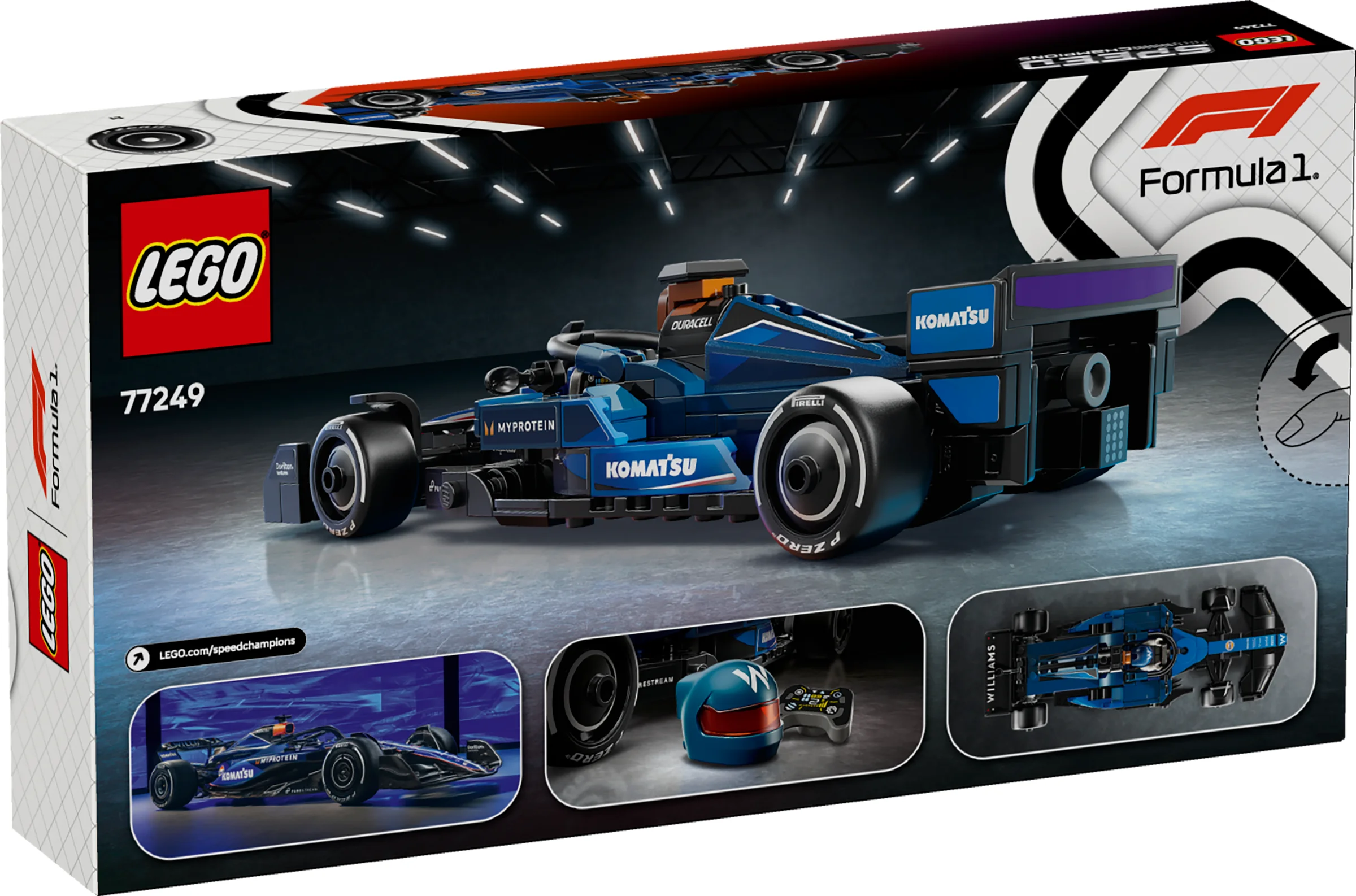 Imagine cu cutia setului LEGO 77249, Williams Racing FW46. Designul albastru al mașinii este proeminent.