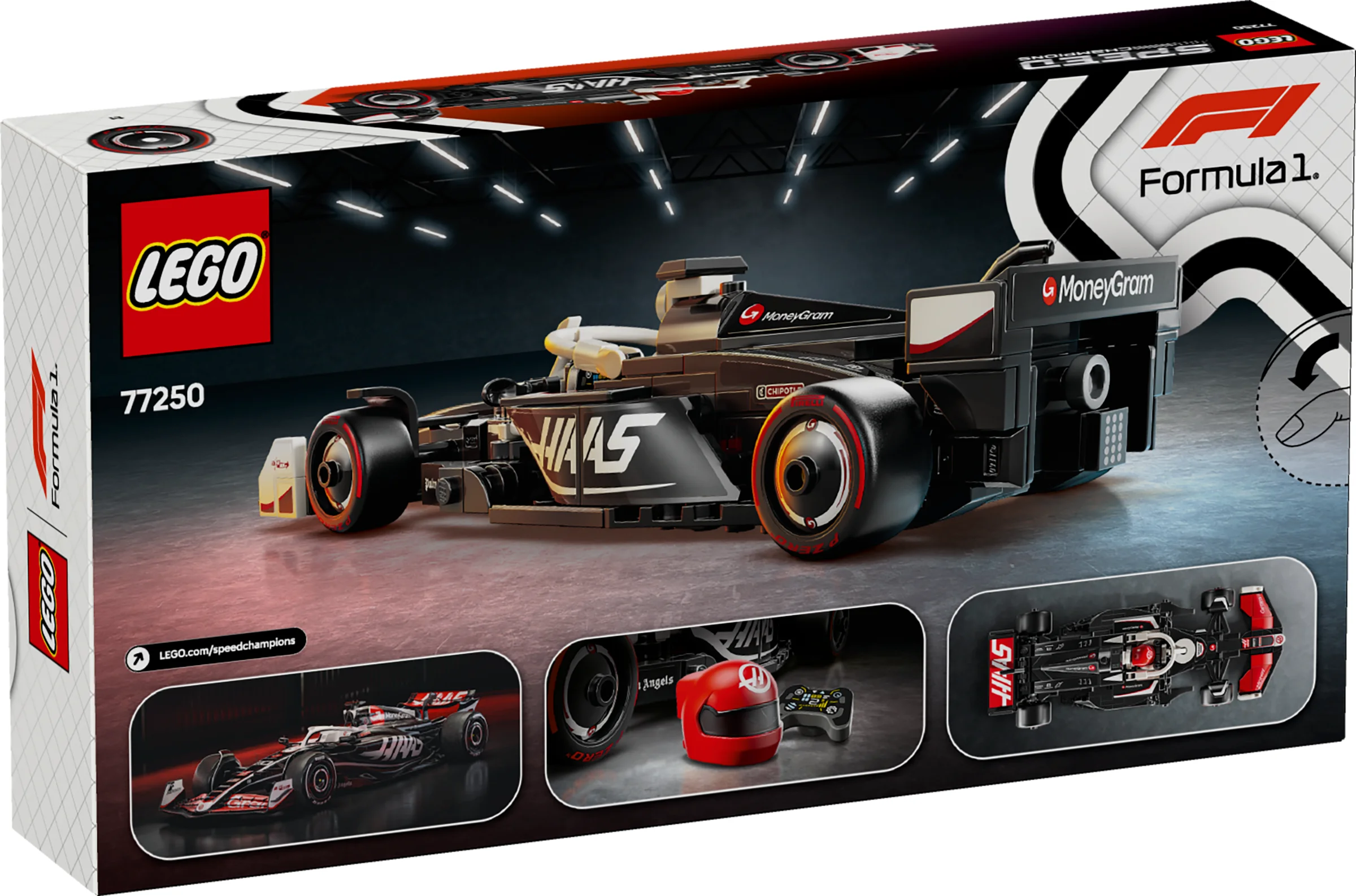 Cutia setului LEGO 77250 MoneyGram Haas F1 Team VF-24, prezentând modelul și detaliile sale.