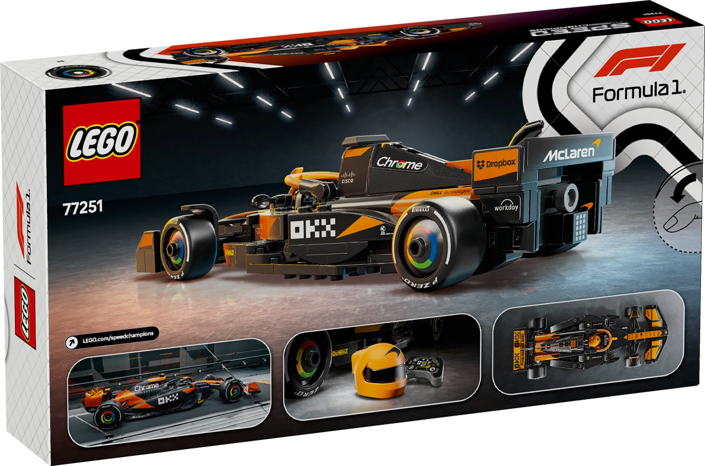 Imaginea cutiei setului LEGO 77251 McLaren F1 Team MCL38, cu modelul principal prezentat.