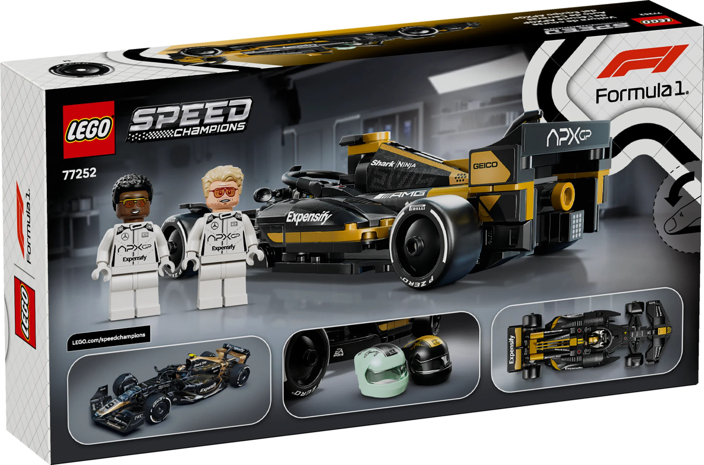 Cutia setului LEGO 77252 APXGP, cu modelul și minifigurinele prezentate. Detalii vizibile ale mașinii.