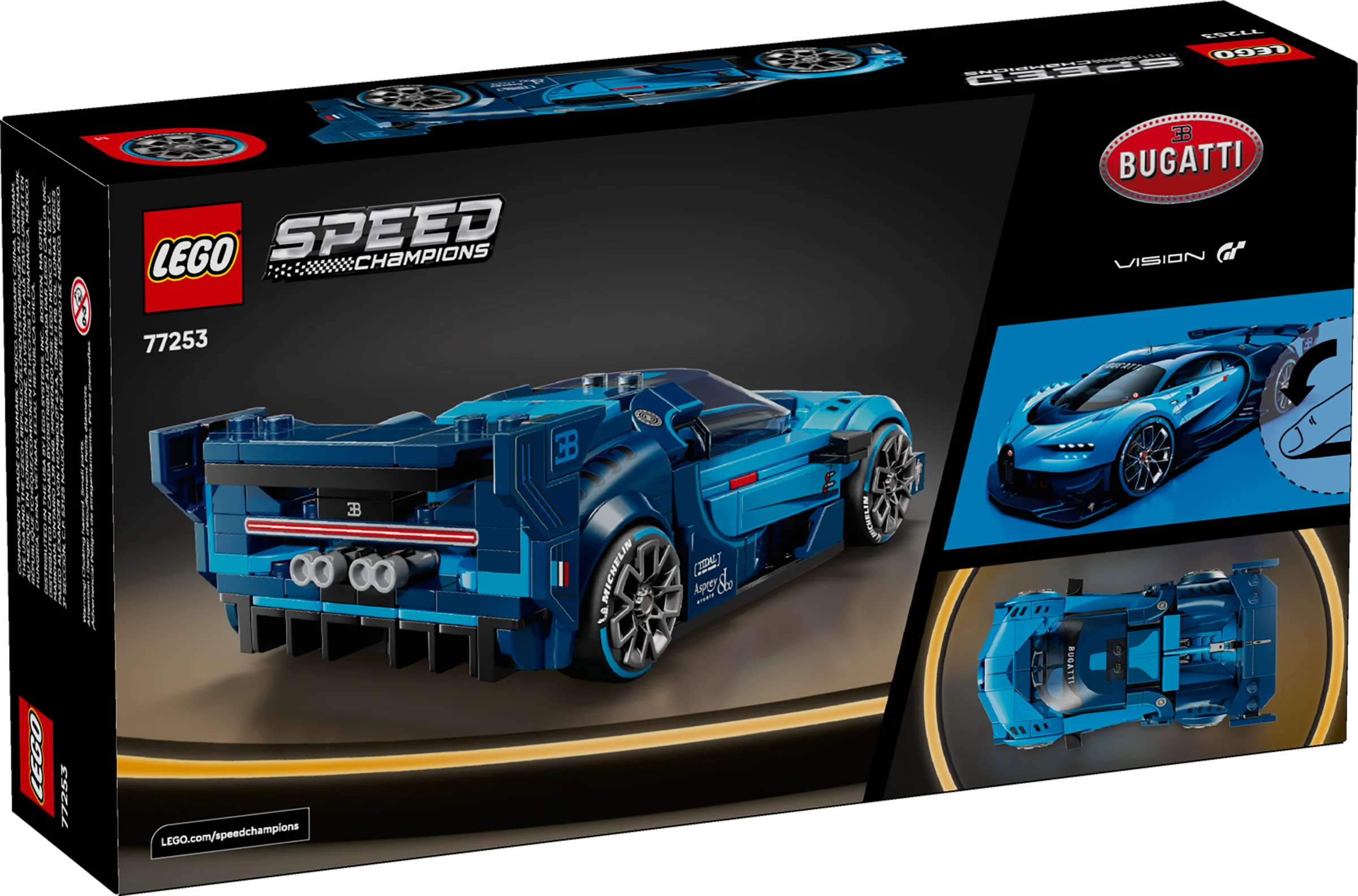 Cutia setului LEGO 77253 Bugatti Vision Gran Turismo, cu modelul din spate și detalii.
