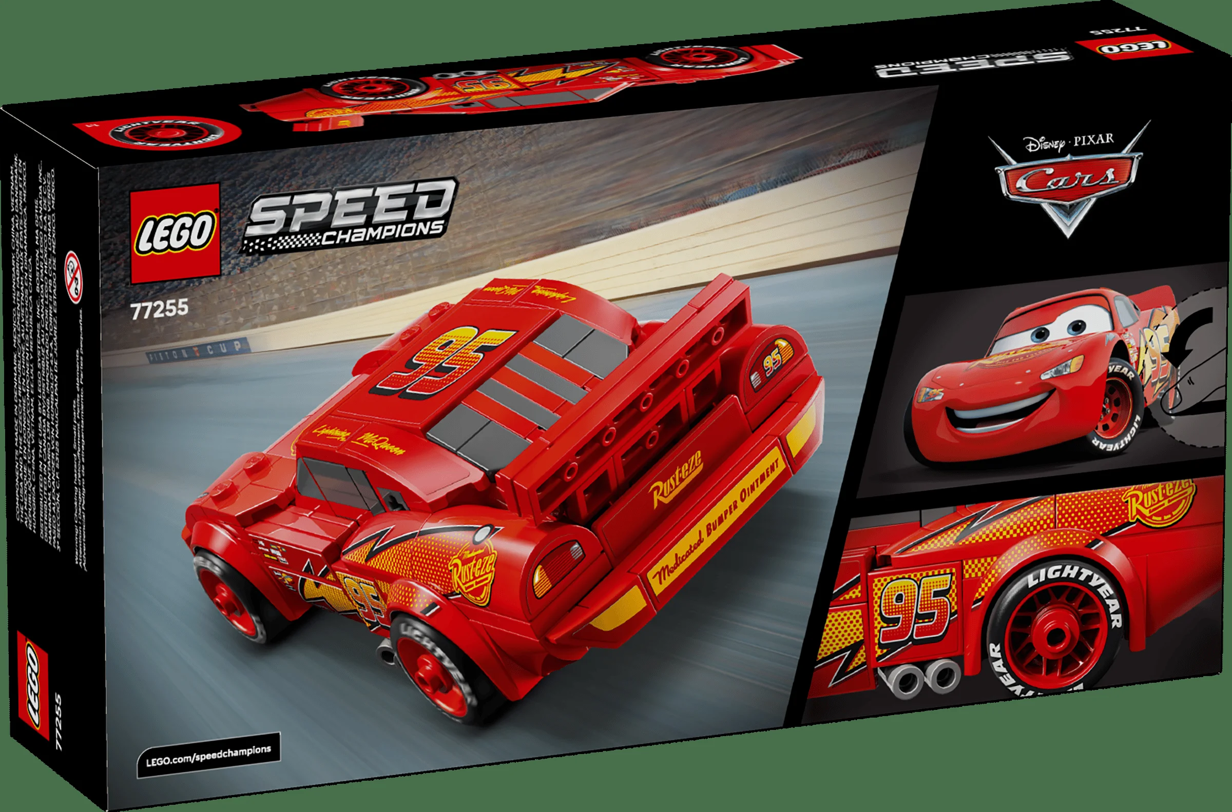 Cutia setului LEGO 77255 Lightning McQueen prezintă modelul construit și detalii grafice.