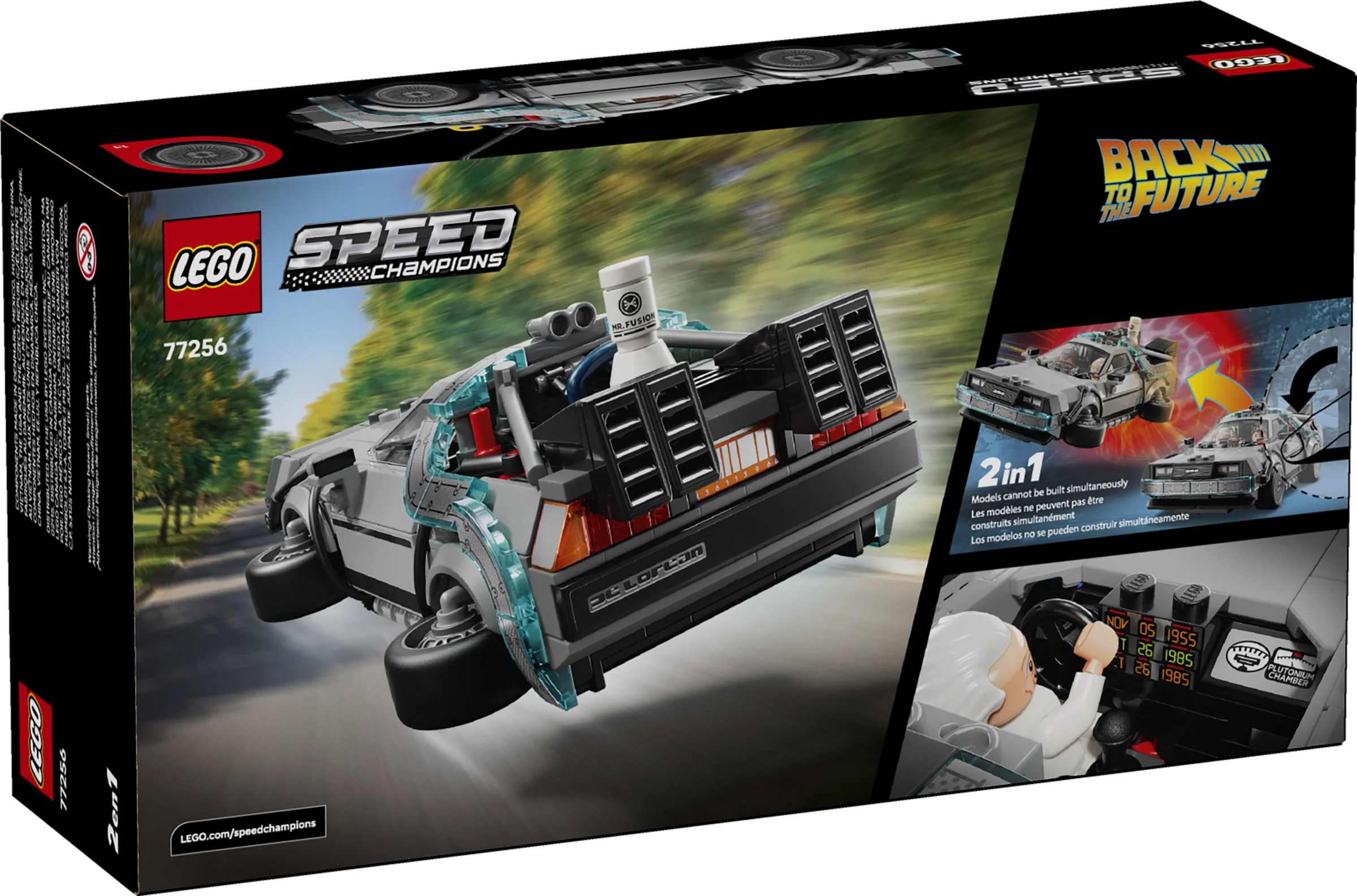 Cutia LEGO Speed Champions 77256 Time Machine, cu mașina DeLorean zburând, pe un fundal cu copaci.