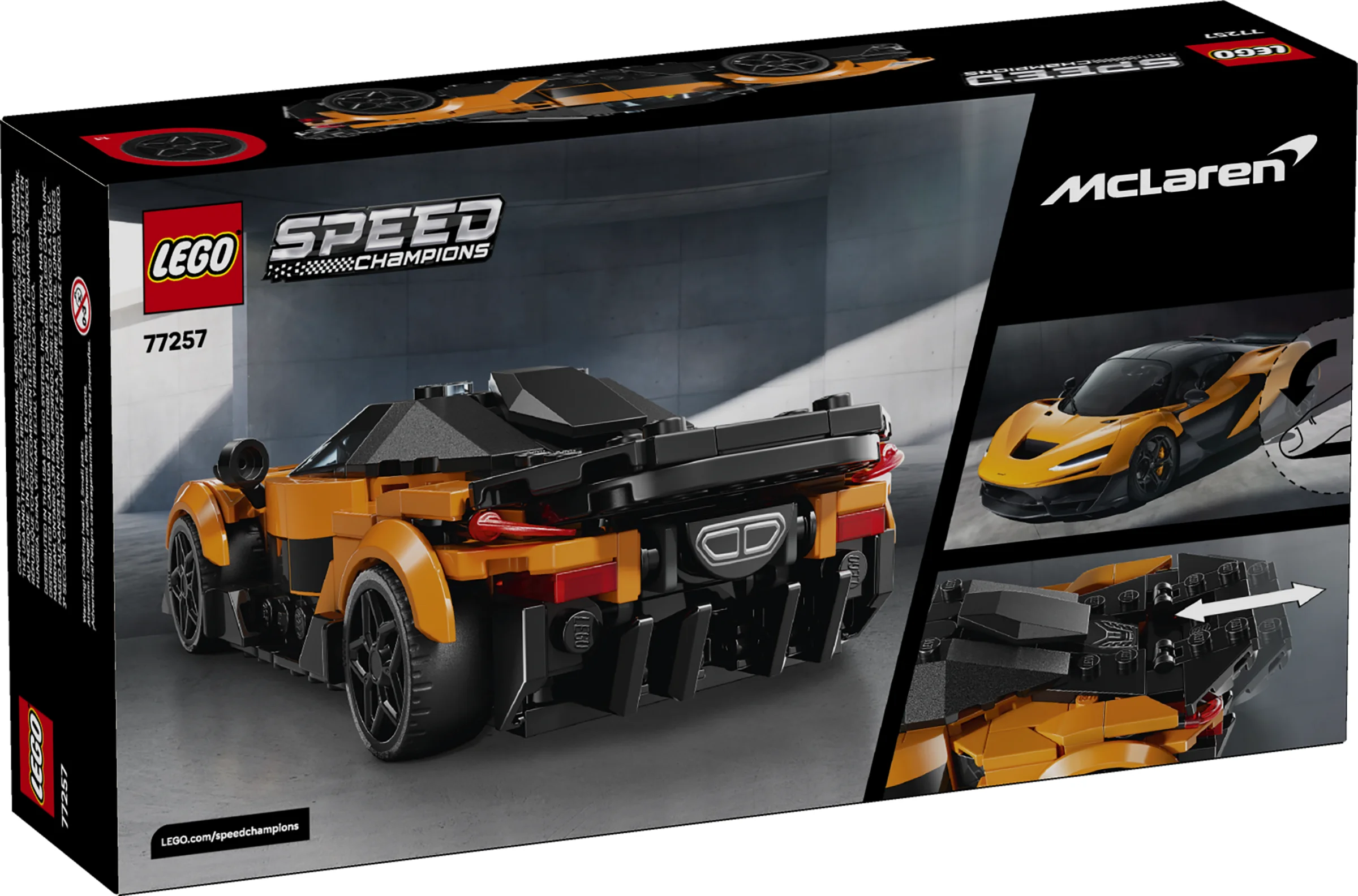 Cutia LEGO 77257 McLaren Solus GT, cu modelul din spate și funcții detaliate.