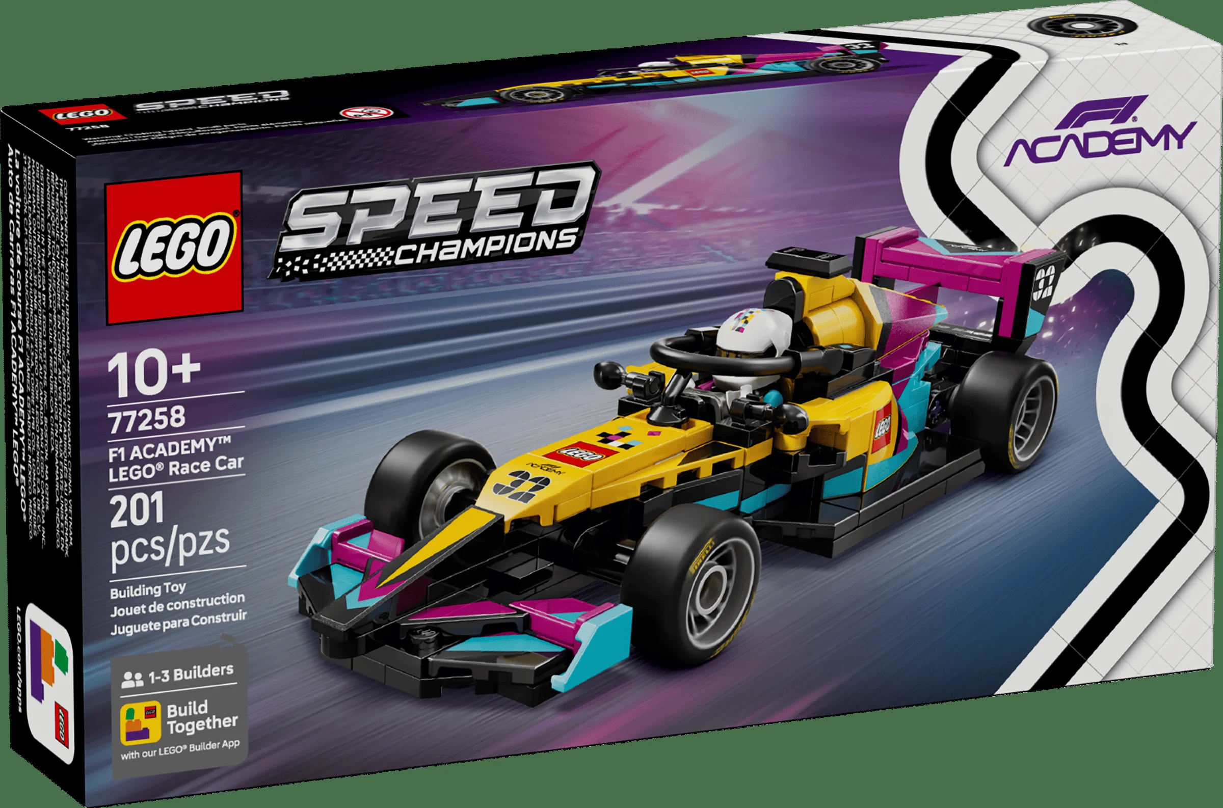 Imagine cu cutia LEGO F1 Academy, setul 77258, cu modelul mașinii de curse pe față.