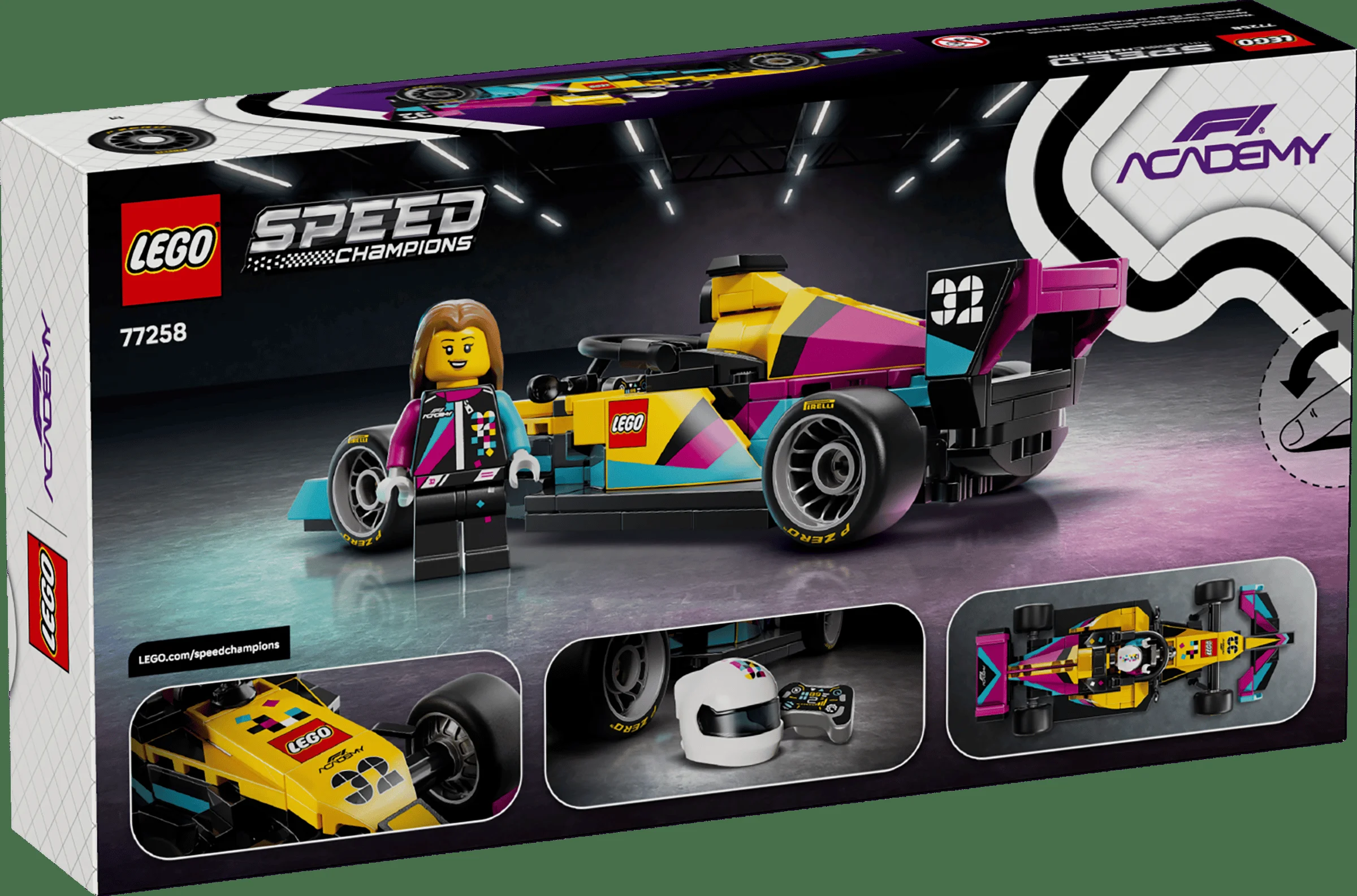 Imagine cu cutia setului LEGO 77258 F1 Academy, ce prezintă mașina de curse și minifigurina.