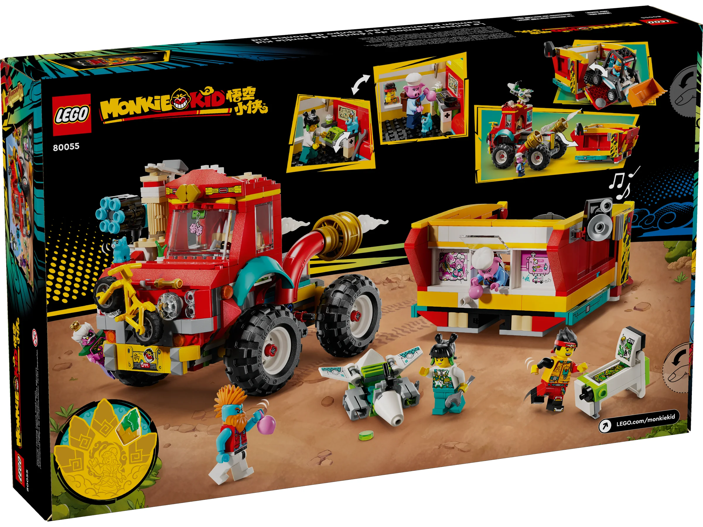 Cutia setului LEGO Monkie Kid 80055, ce prezintă camionul și minifigurinele incluse.