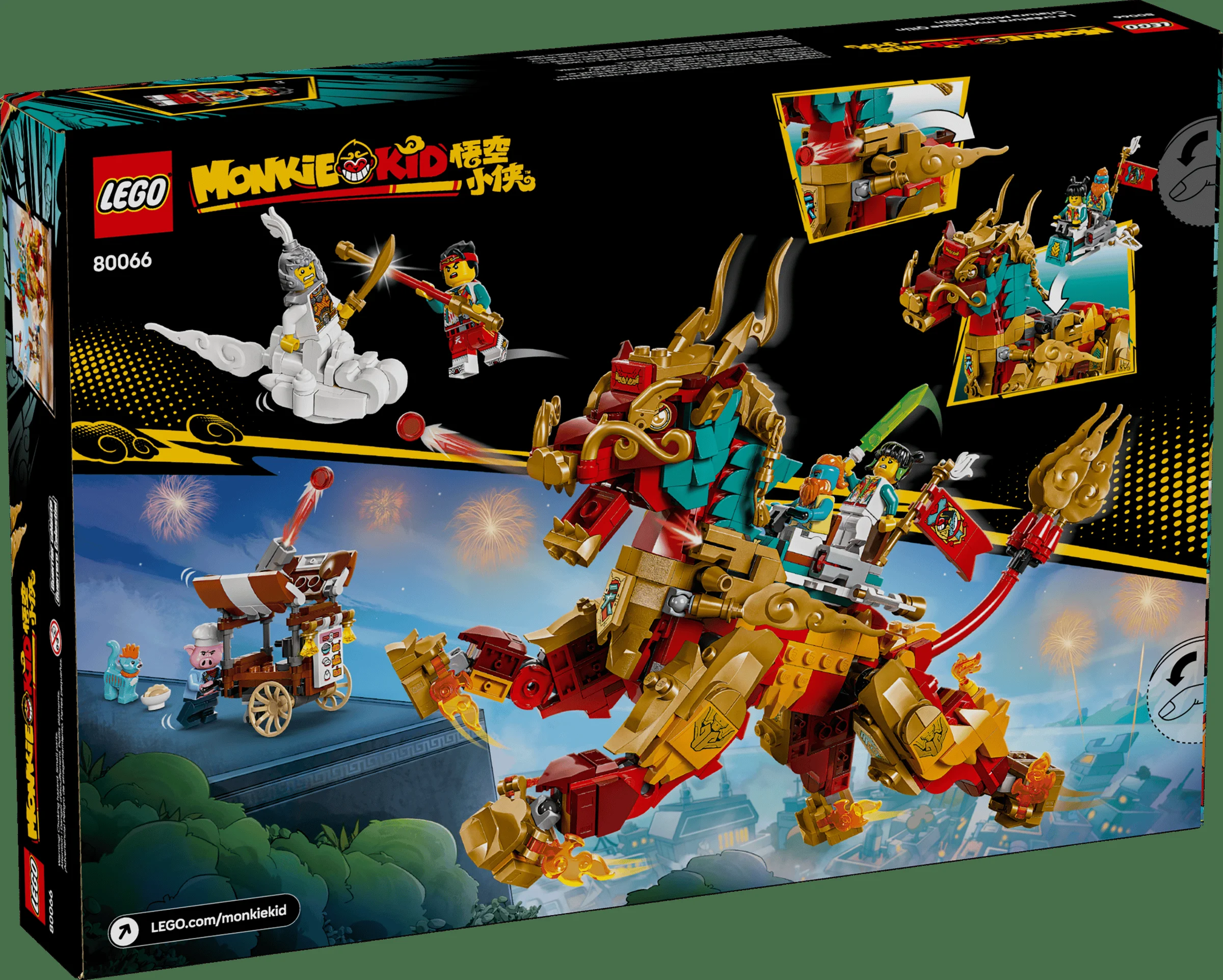 Cutia LEGO Monkie Kid 80066 prezintă creatura mitică Qilin, plină de detalii și acțiune.