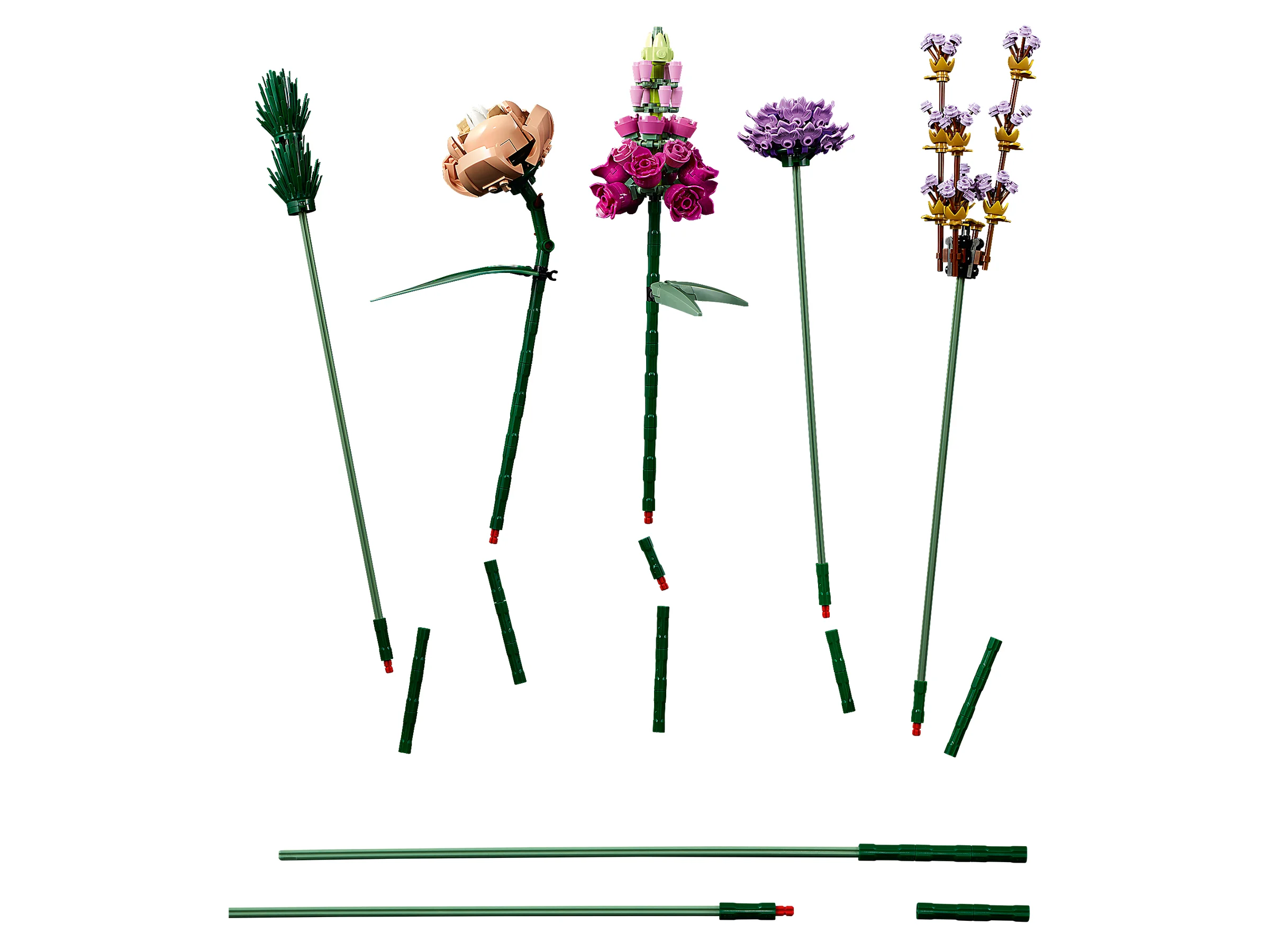 Set LEGO 10280 Buchet de flori: detalii despre aranjarea componentelor și a tulpinilor.