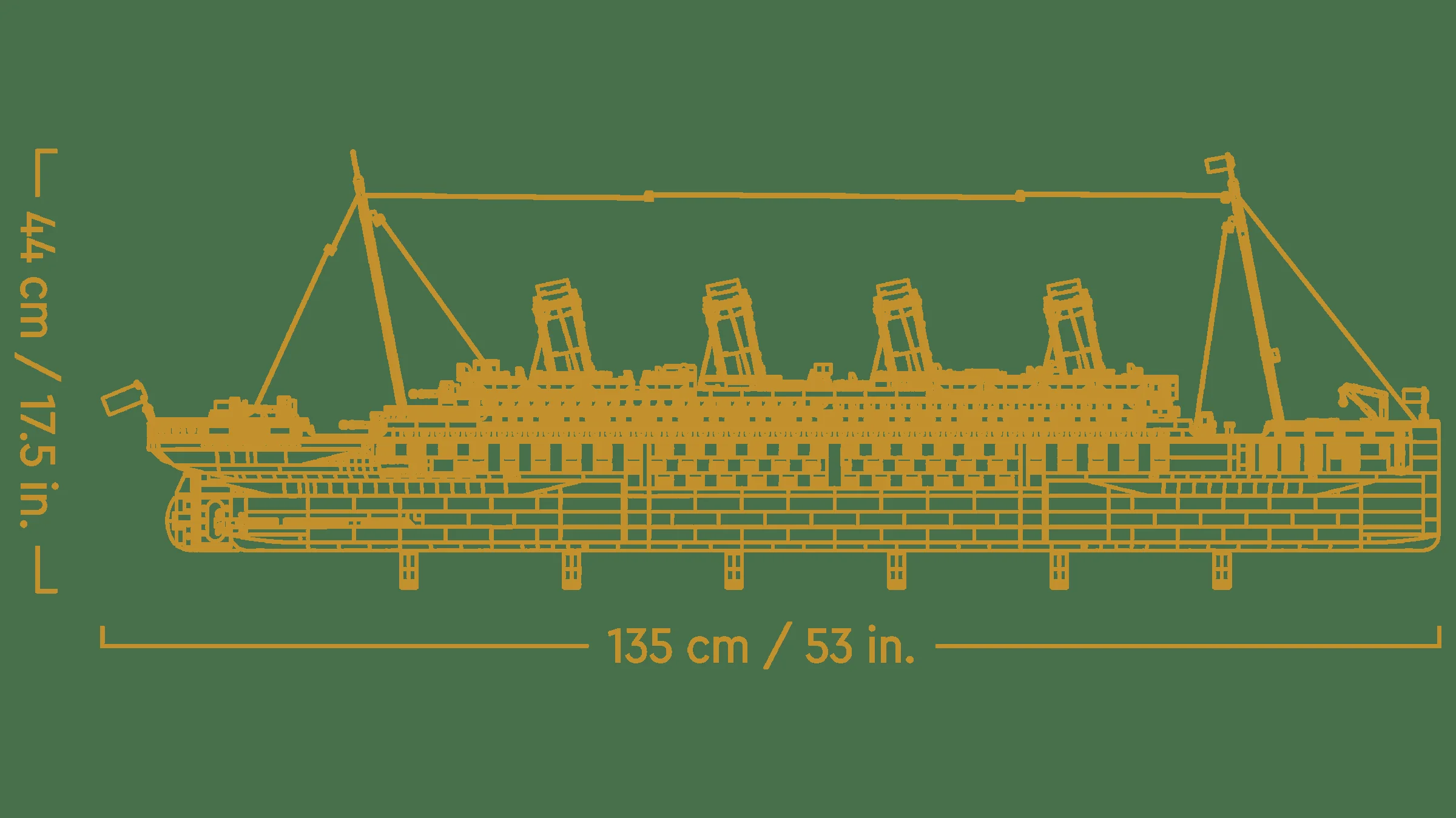 Diagramă a modelului LEGO Titanic cu dimensiunile sale: 135 cm lungime și 44 cm înălțime.
