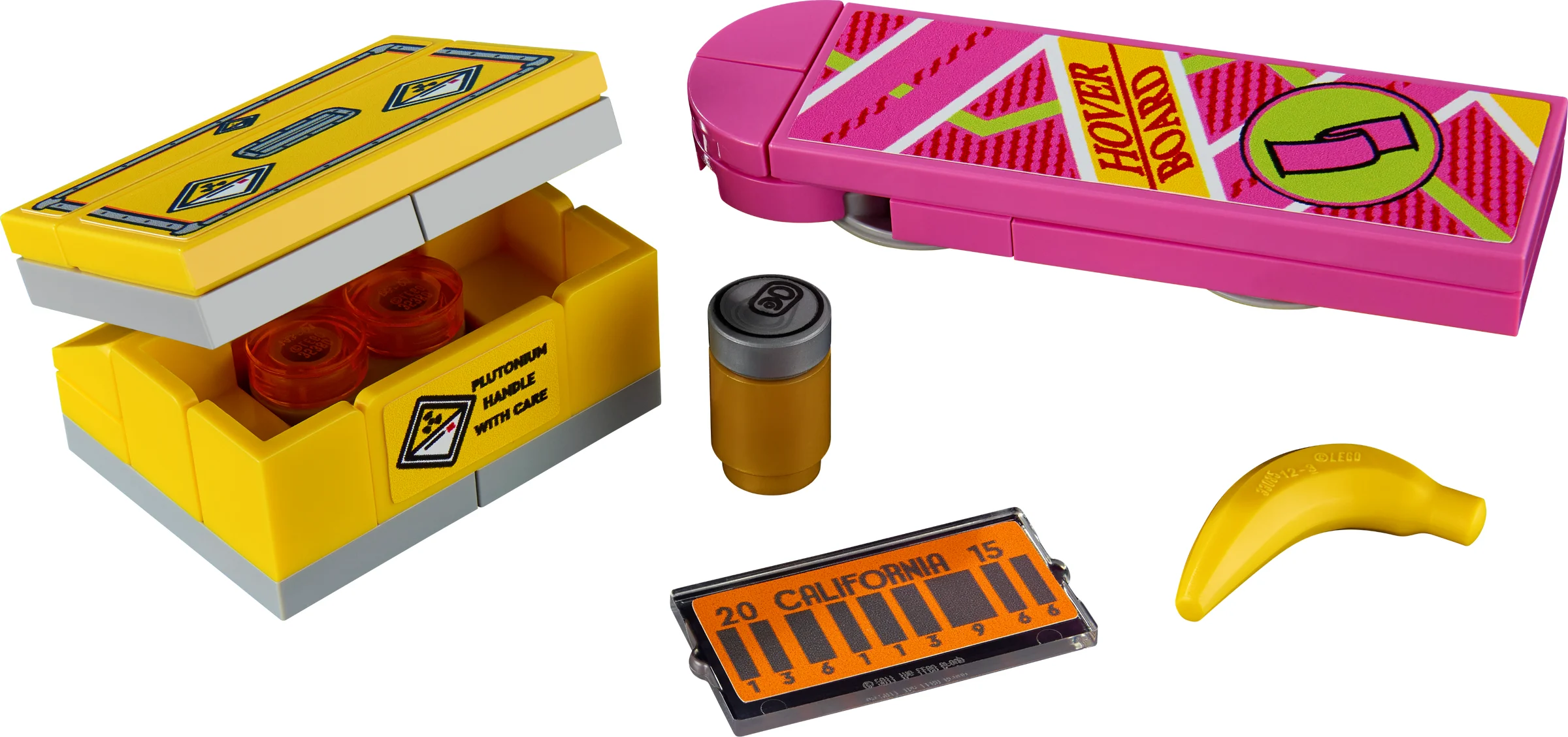 Detalii LEGO Back to the Future: cutie plutoniu, hoverboard, băutură, număr auto și banană.