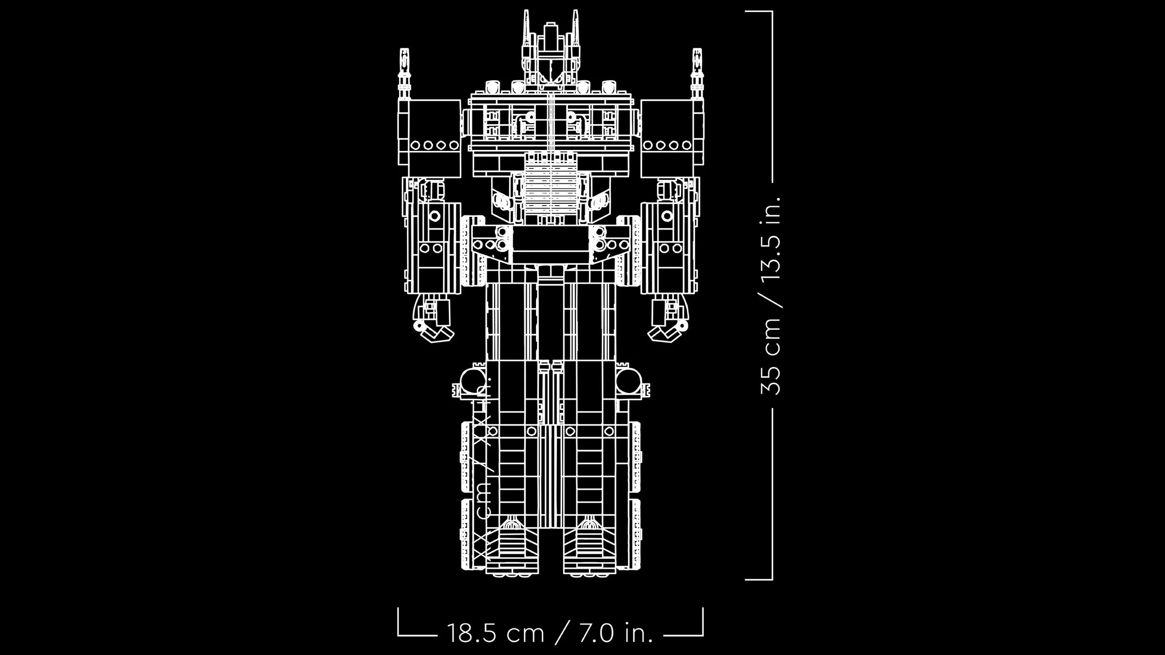 Plan schematic cu dimensiunile modelului Optimus Prime: 35cm înălțime, 18.5cm lățime.