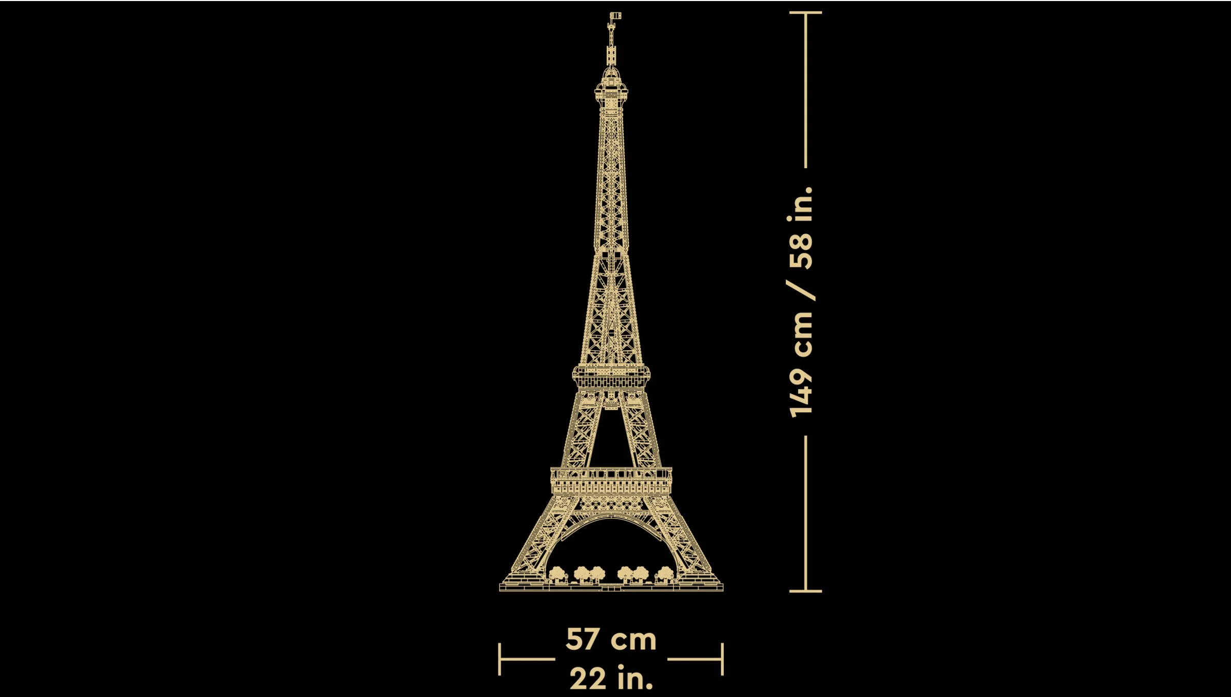 Diagramă cu dimensiunile Turnului Eiffel LEGO: 149 cm înălțime și 57 cm lățime la bază.