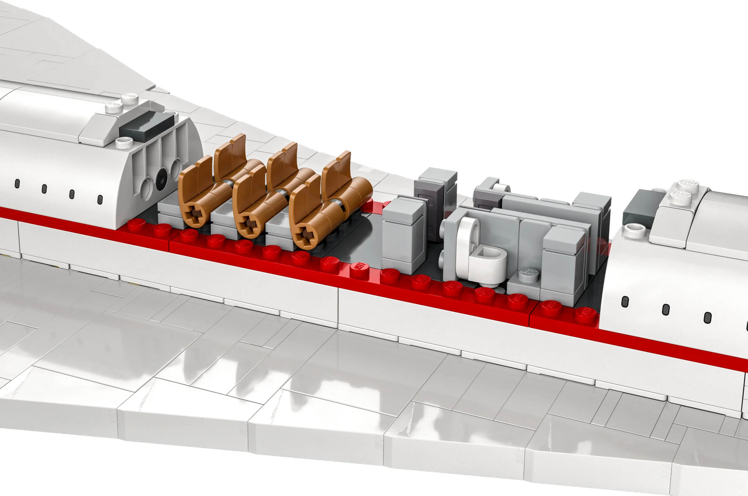 Detalii ale interiorului Concorde-ului LEGO: scaune, toaletă, design interior complex.