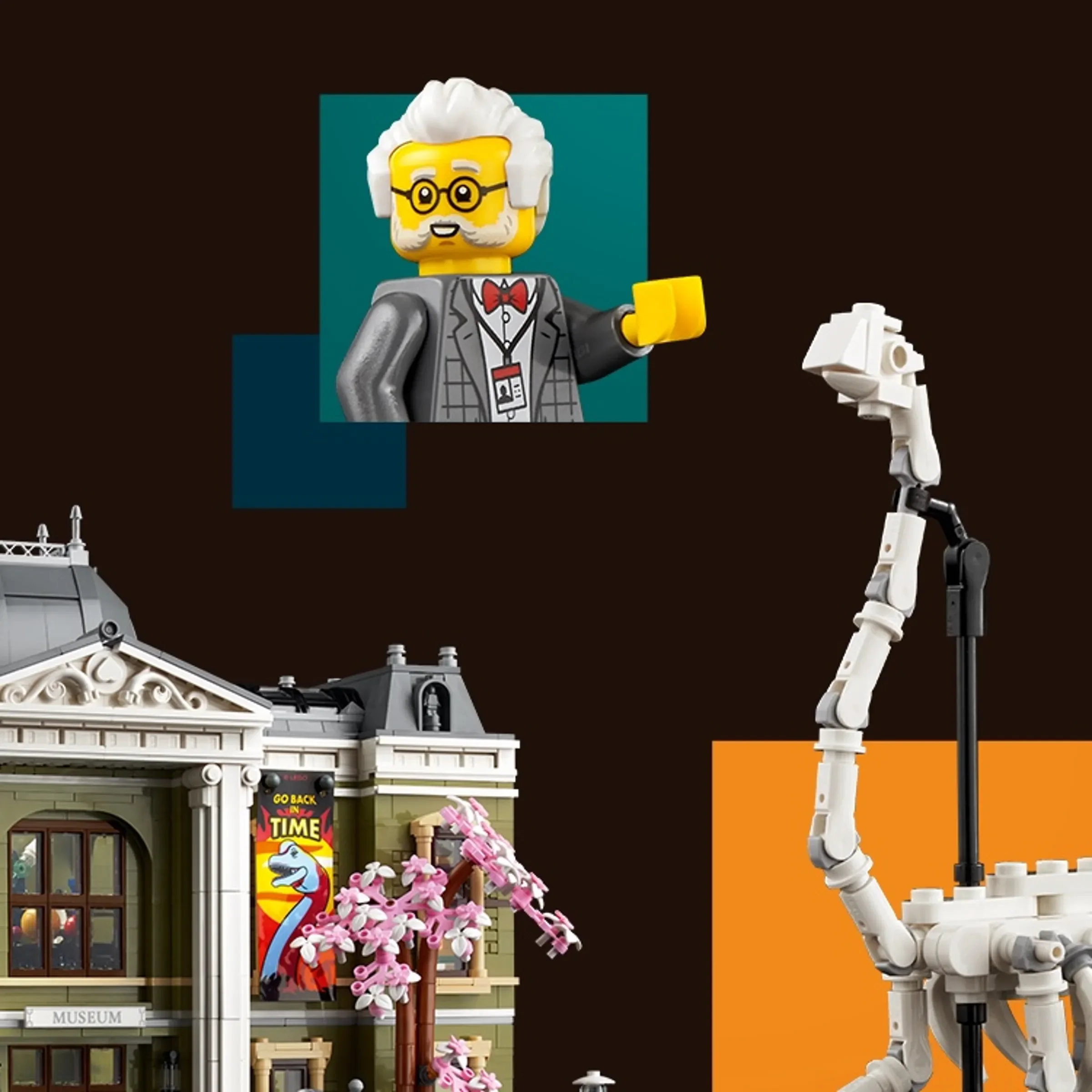 Detaliu cu o minifigurină, schelet de dinozaur și o porțiune din Muzeul de Istorie Naturală.