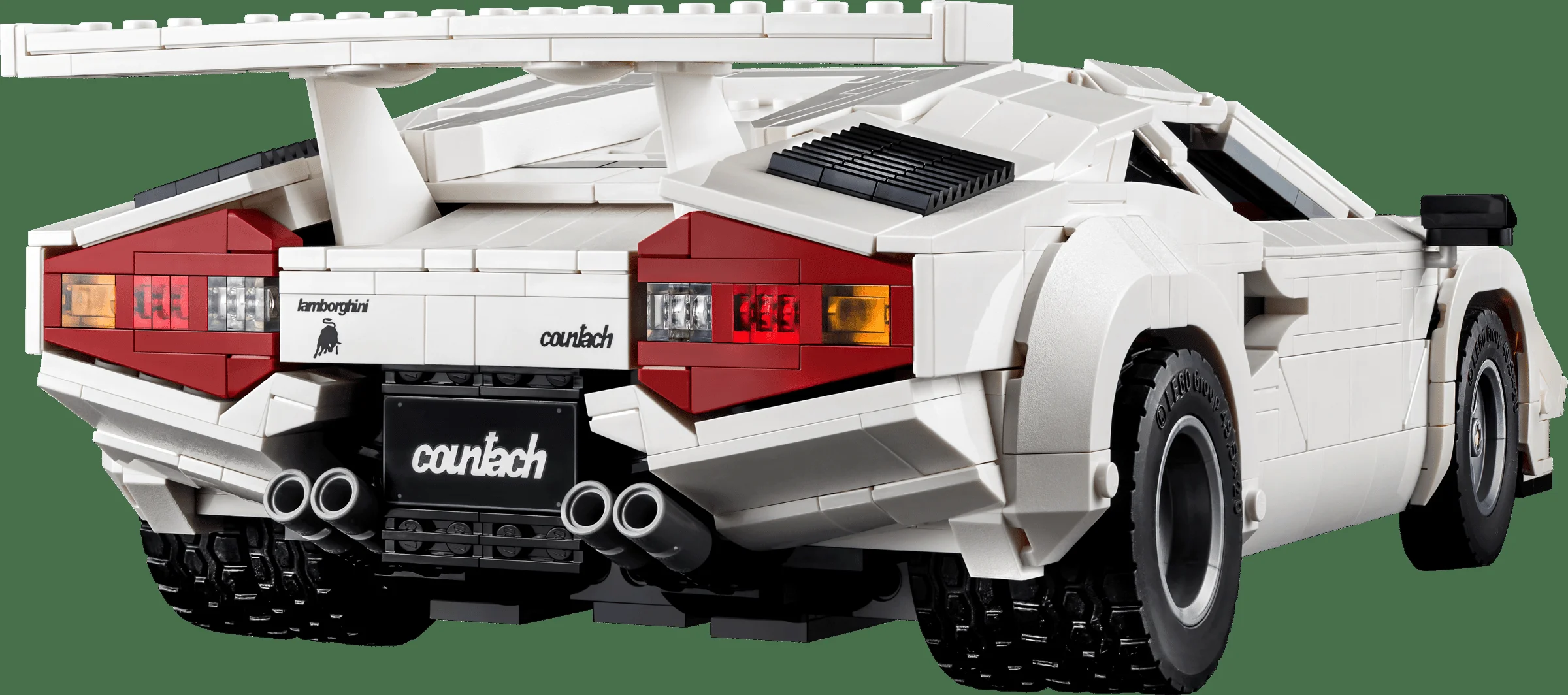 Spatele detaliat al modelului LEGO Lamborghini Countach, cu stopuri, evacuare și sigle.