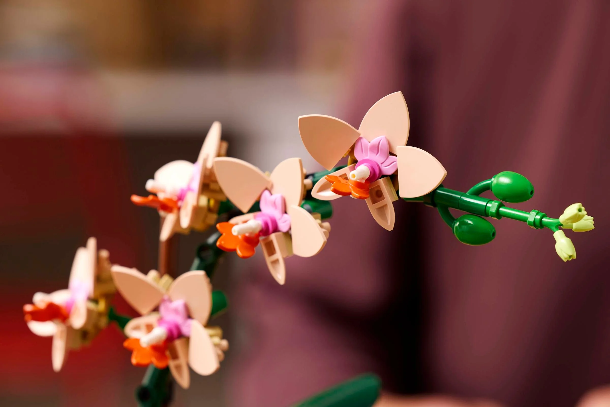 Prim plan al modelului LEGO Mini Orhidee (10343), detaliind florile și mugurii.