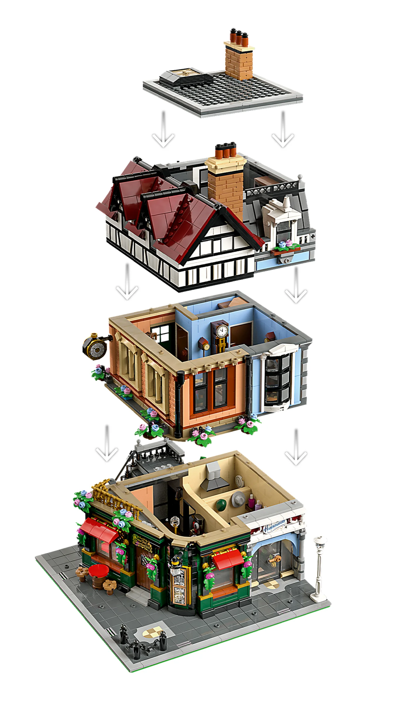 Imagine detaliată a procesului de asamblare Tudor Corner, arătând etapele construcției.