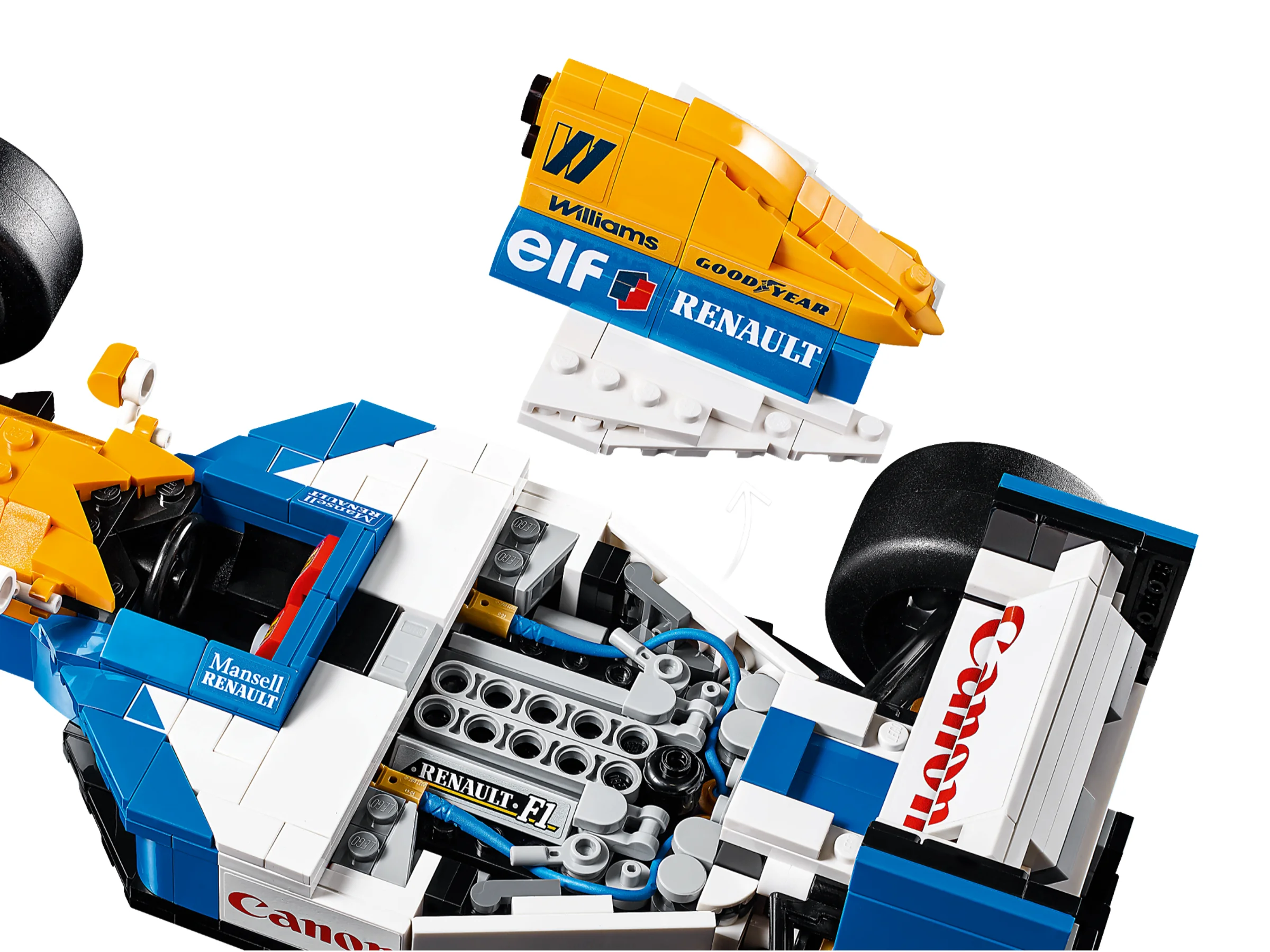 Detaliu cu motorul mașinii Williams FW14B, cu elemente componente și autocolante.