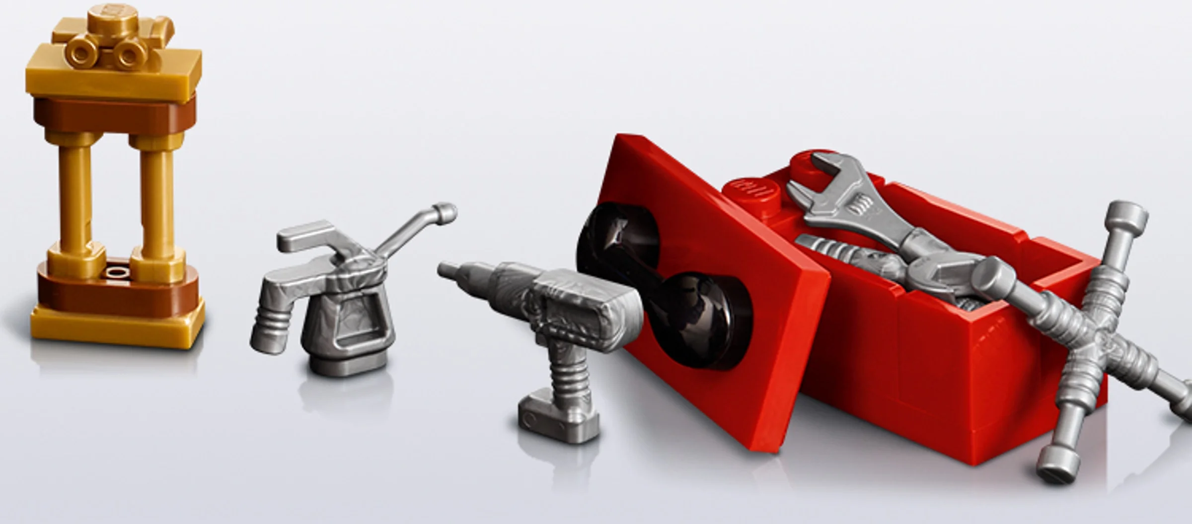 Detalii ale uneltelor și accesoriilor LEGO Shelby Cobra 427 S/C. Set bogat în detalii.