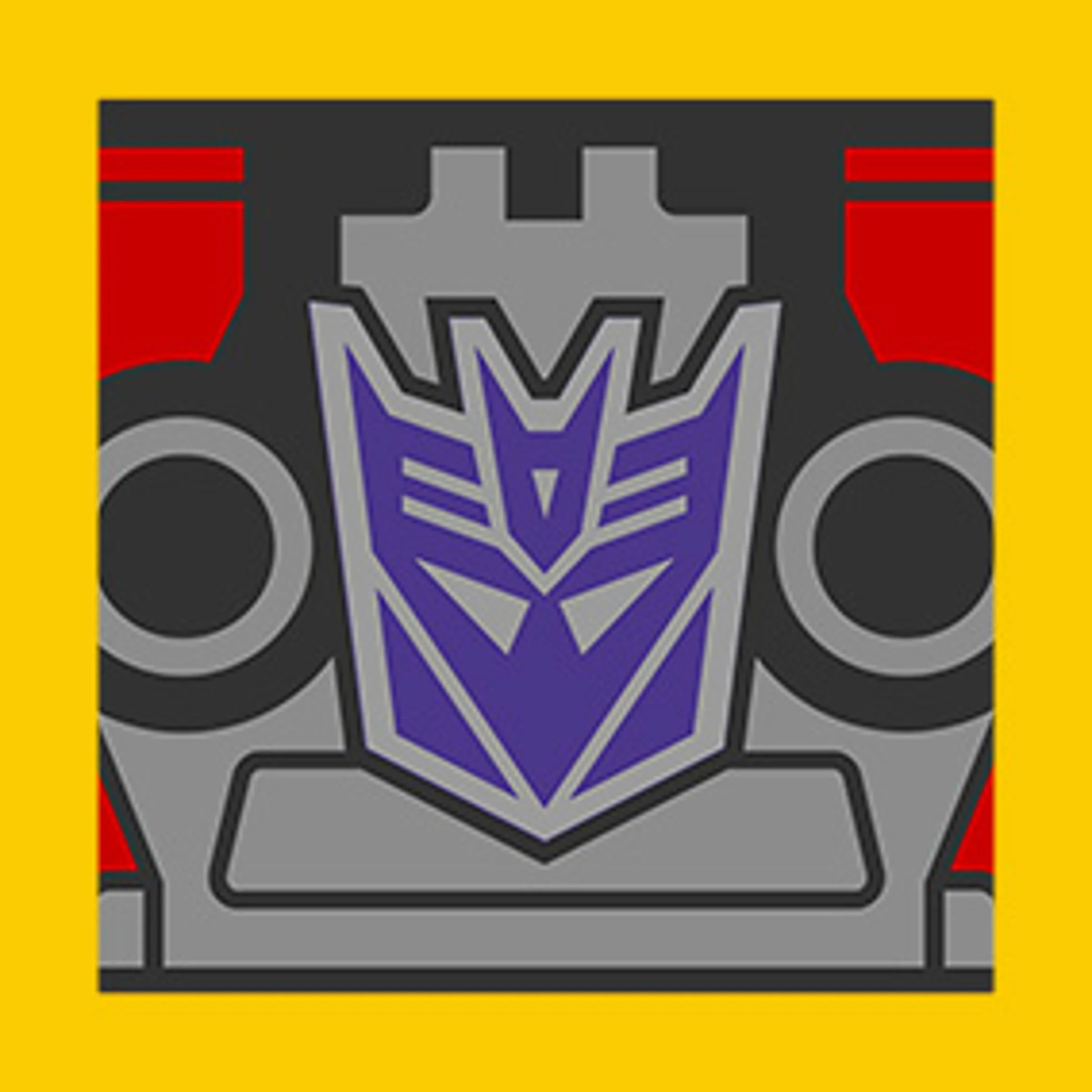 Pictogramă detaliată cu logo-ul Decepticon de pe pieptul lui Soundwave. Elemente roșii și gri.