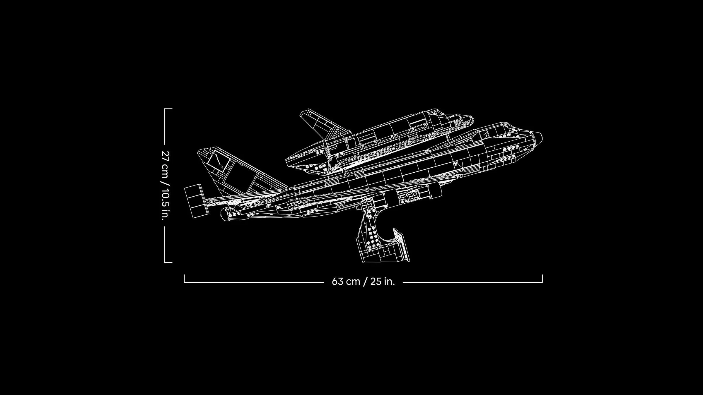 Schiță tehnică a avionului transportor cu naveta spațială, cu dimensiuni. Detaliile sunt subtile.