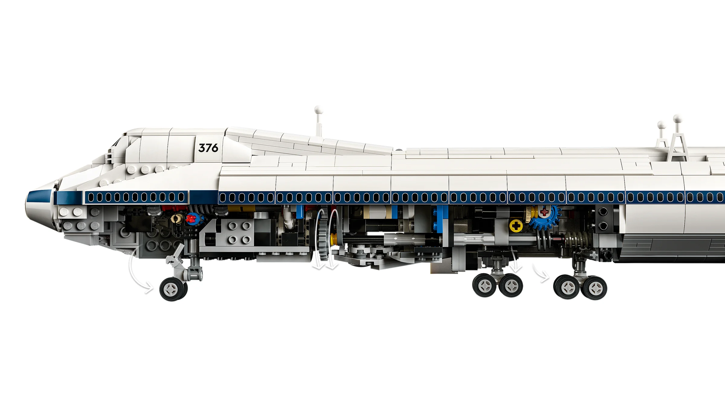 Secțiune a avionului LEGO cu mecanismul complex de aterizare expus.
