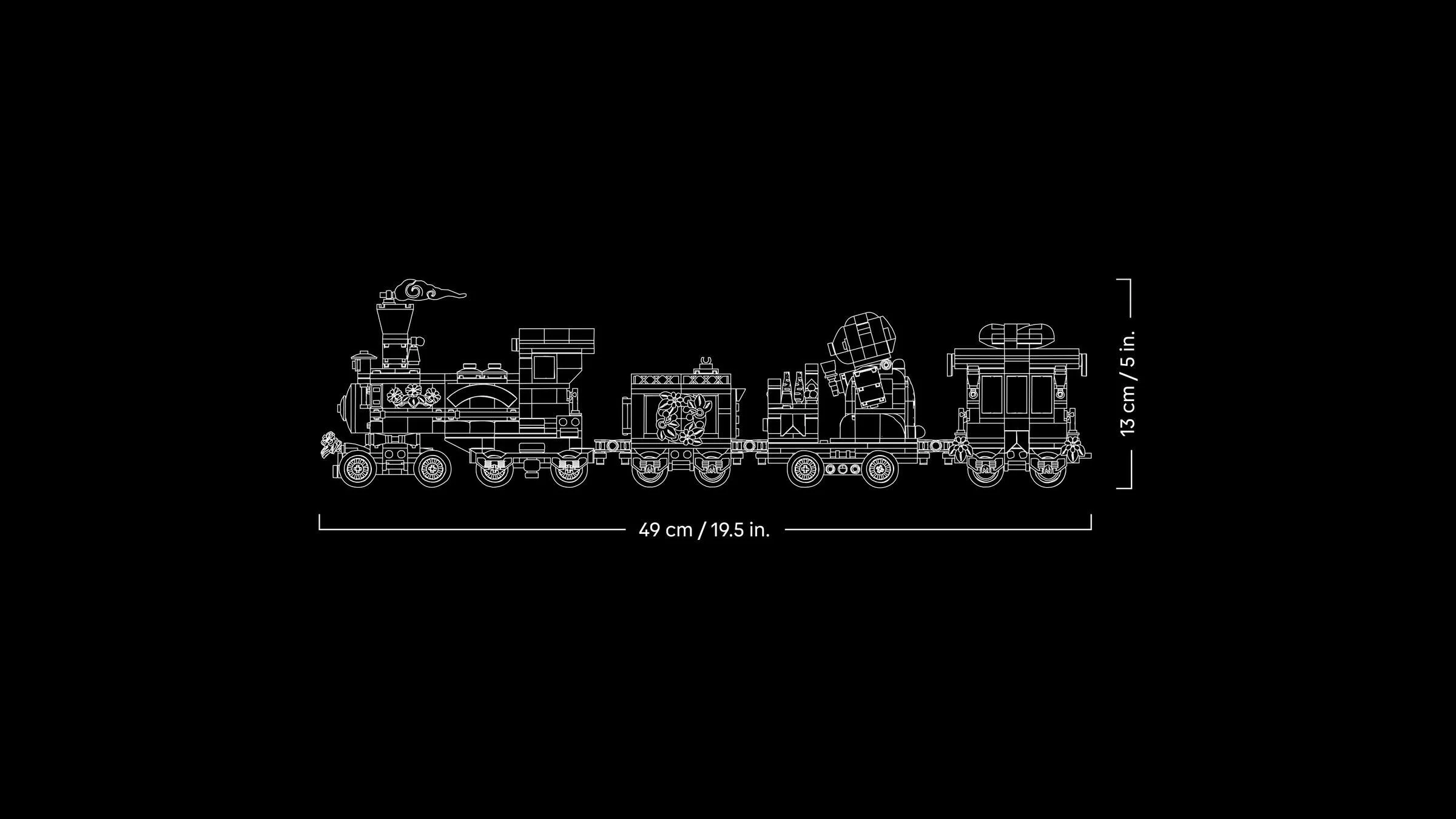 Dimensiunile trenului Holiday Express 10361: 49cm lungime, 13cm înălțime. Schiță tehnică.