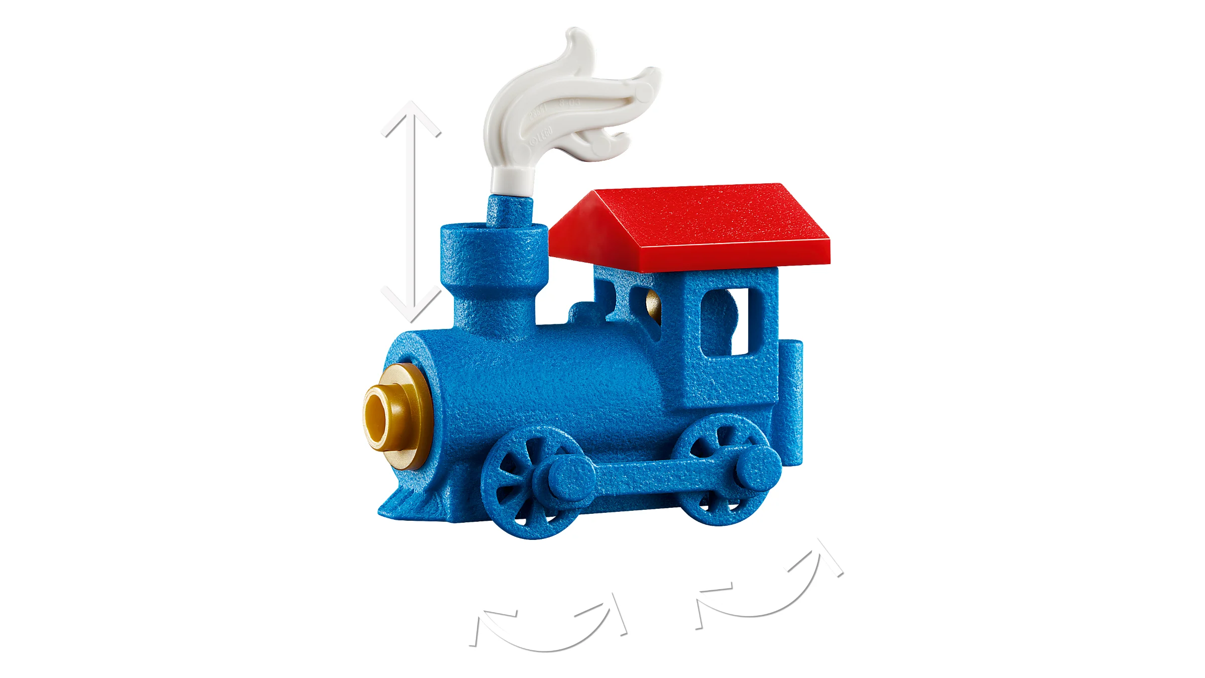 Locomotivă albastră de jucărie, cu acoperiș roșu și abur alb. Jucărie festivă și detaliată.