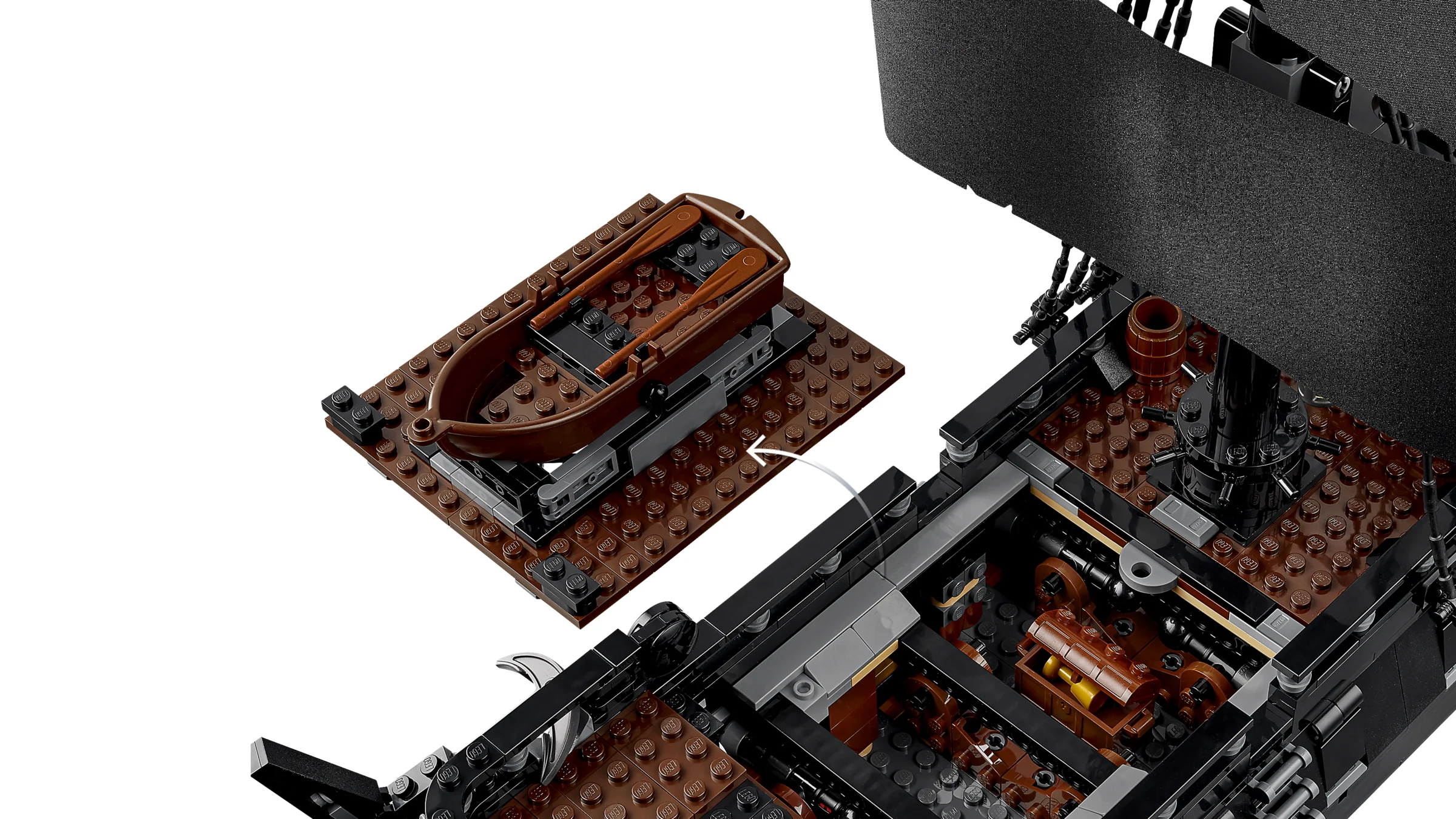 Detalii ale bărcii cu vâsle și interiorul navei pirate Captain Jack Sparrow, construite din LEGO.