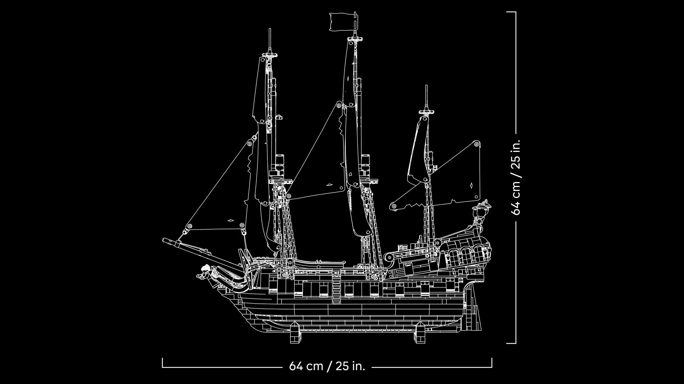 Ilustrație tehnică a corabiei lui Jack Sparrow, arătând dimensiunile (64 cm).