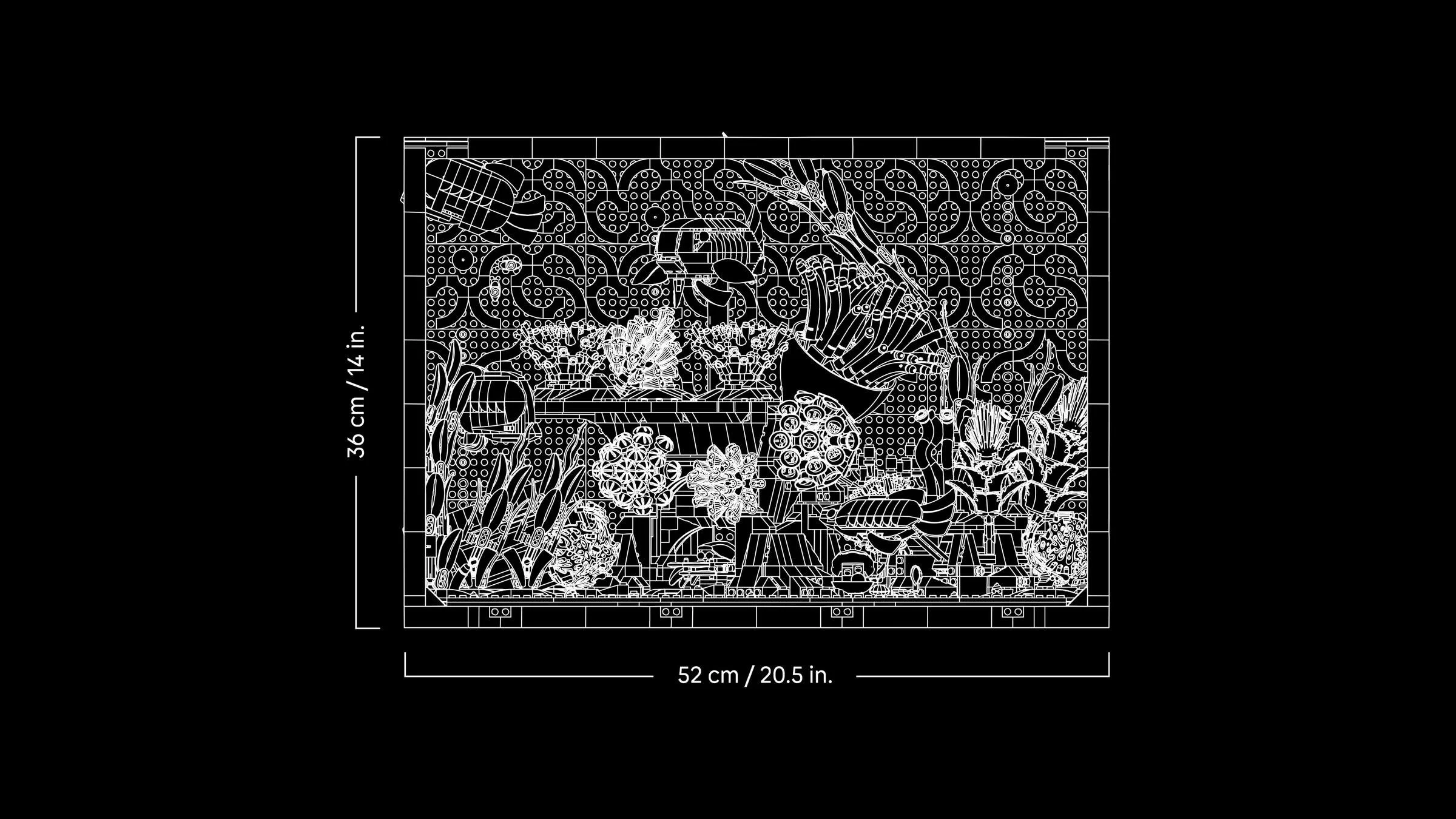 Ilustrație tehnică cu dimensiunile acvariului tropical LEGO 10366: 36cm x 52cm. Detaliu complex al modelului.