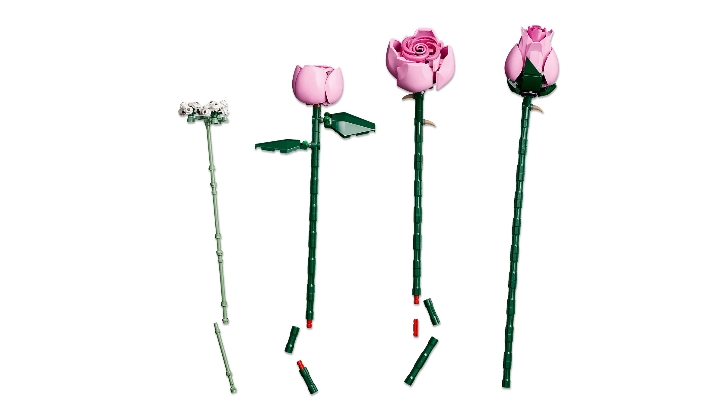 Etapele de construcție ale unui buchet de trandafiri roz LEGO. Construcție pas cu pas.